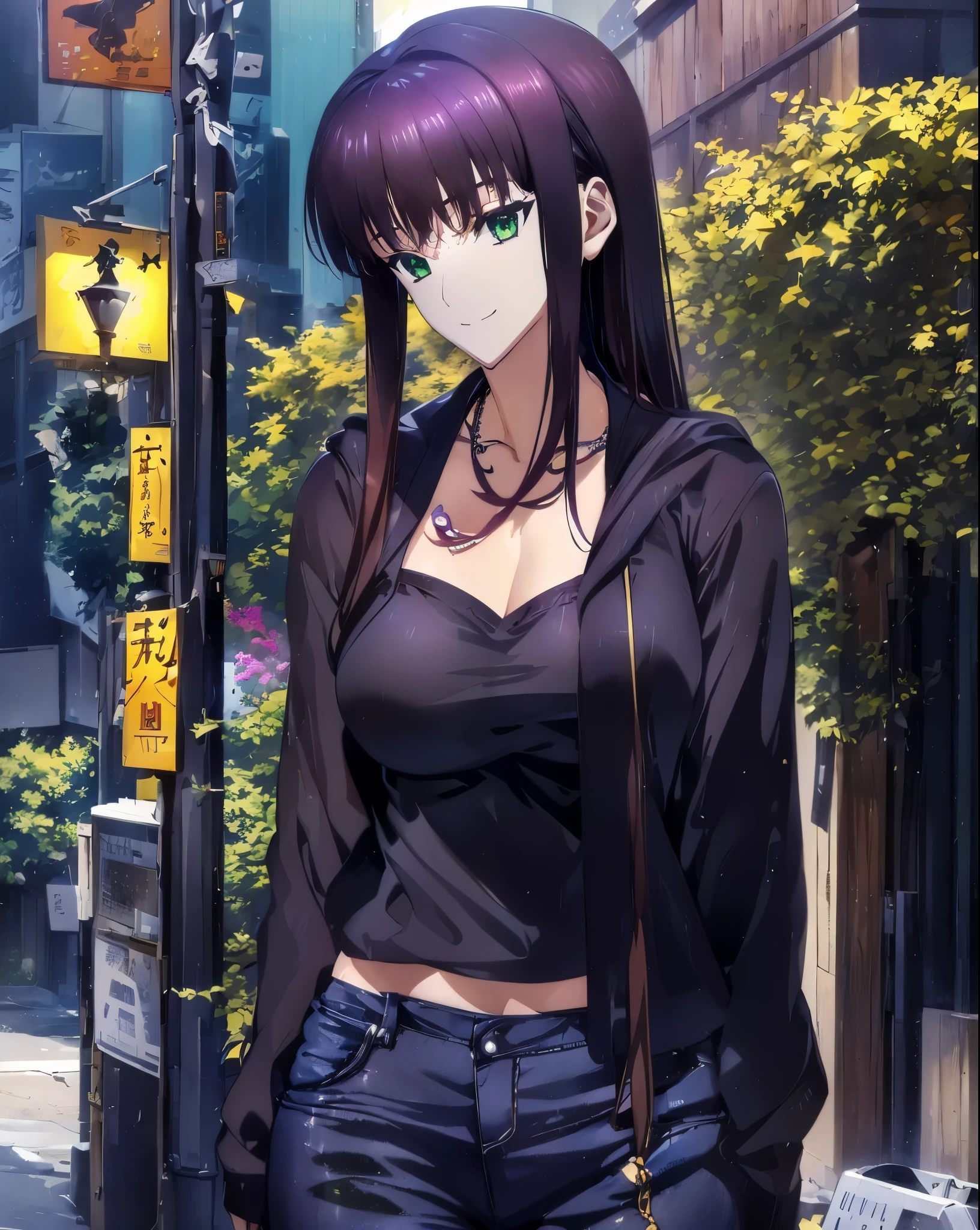街の通りに立つ黒のトップとジーンズを着たan anime girl, anime moe art style, forest city streets behind her, Smooth Anime CG Art, , Seductive Anime Girl, beautiful anime high school girl, 魅力的なan anime girl,超Realistic Girls高生, Seductive Anime Girl, an anime girl, Realistic Girls, 魅力的なan anime girl, 超Realistic Girls高生, Anime Girl,8K UHD, hight resolution,Very detailed CG, High quality shadows, Detail Beautiful delicate face, ディテール美しいDelicat eyes,BREAK(Very detailed 8k wallpaper),(Highly detailed CG 8K wallpaper),Makima (chain saw man),Sukasaha (Fate/grand order),Shimohira Reihua ,Hi-Res,Very delicate and beautiful CG illustration,top-quality,Realistic skin feeling,Realistic fabric,Realistic texture,beautiful thigh,toned legs,Footboard beauty,big breasts thin waist,(((masutepiece))), (((Best Quality))),8K,32K,masterpiece,beautiful alluring anime woman,ultra-definition,ultra-detailliert,hight resolution,超Realistic Girls高生,masuter piece, Best Quality, High quality, High Definition, high quality texture, high quality shadow, high detailing,finely detail,1girl in,High school students,Solo,Soio,Only one person,Alone,One Person,taki,Mature atmosphere,neat and long legs.beautiful thigh,toned legs,Footboard beauty,8 Head Body,stature:171cm,Mature girls,Reddish-purple hair,Reddish-purple hair,Purple hair,cassis colored hair,silky and smooth hair,Colorful hair,Straight hair,Smile,Smiling happily,lively expression,Cute smile,Cool Beauty,Beautuful Women,Neat face, Beautiful realism,Seductive look,Bewitching look,serene expressions,beautiful hairl,彼女は首にNecklace身に着けています,Necklace,bead necklace,magatama accessories,A slight smil,Colorful eyes,green colored eyes,Jade-colored eyes,beautidful eyes,Bright eye,Delicat eyes,Eyes Like Gems,Jade Eyes,Hanging eyes,(Green eyes:1.5),Seductive face,((White collared shirt)),white shirt,Button shirt,neck tie,赤のneck tie,校服,High school students,parka,Plain clothe,((Black Lowrise Skinny Long Jeans)),hooded sweatshirt,((Sweatshirt)),stroll,Building Street,Sunlight,blue-sky,