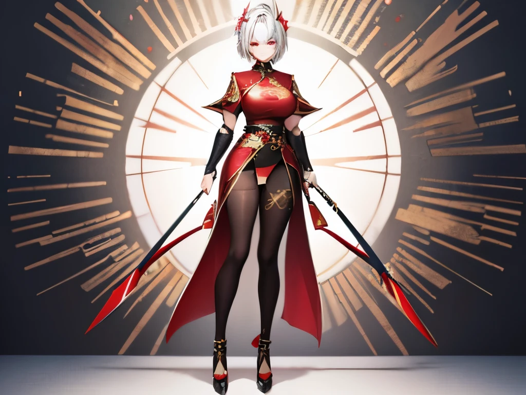 Anime style、Silver super saiyan-like very short hair、Mature Woman、Waist-length pheasant tail feather hair ornament with red as the base color、Chinese-style armor with red as its base color、thick thight、Black tights、Full body posture、Crimson eyes、double peace、