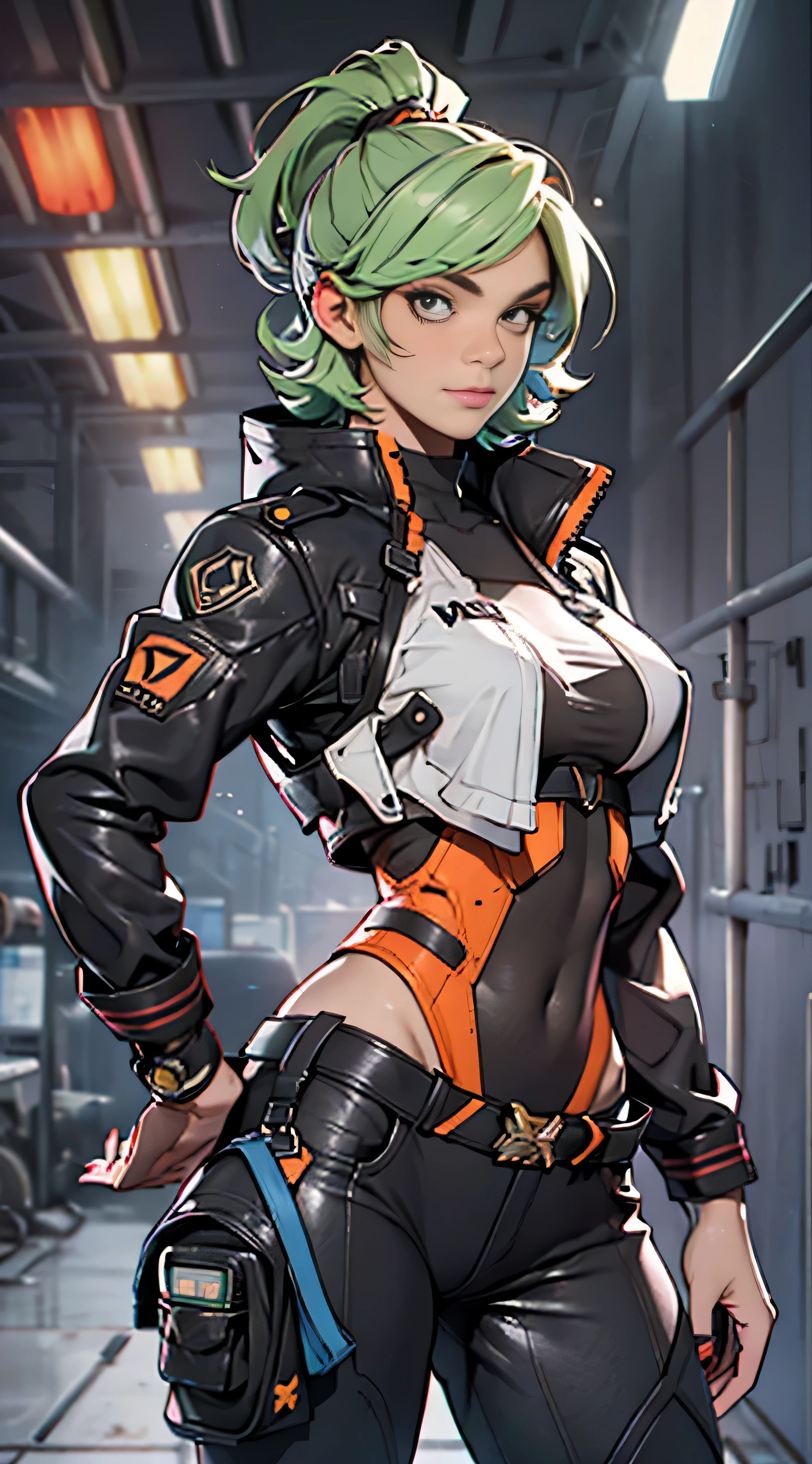 11:23(((Best quality: 1.4))),(Unbeatable masterpiece), (hyper HD),(Hyper-realistic 8k CG)、(Light green hair),(Cross your hands at your waist),(looks into camera), ((( body))), (((1 girl in))), 25-year-old American soldier with perfect body,,Beautiful and well groomed face,muscular body:1.2,Solid royal blue jacket with details, (Pictures from head to thighs), Complex equipment,Orange coat,long trousers,The clothes inside are gray,Clothes with metal electronic parts,Tech Armor )