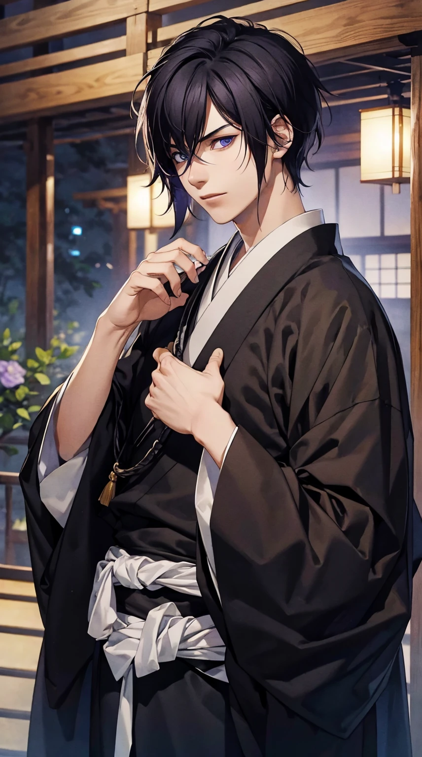 1young man, Violet eyes, black hair, male photo, with a cat, kimono, Japanese style, best quality, masterpiece, ultra detailed