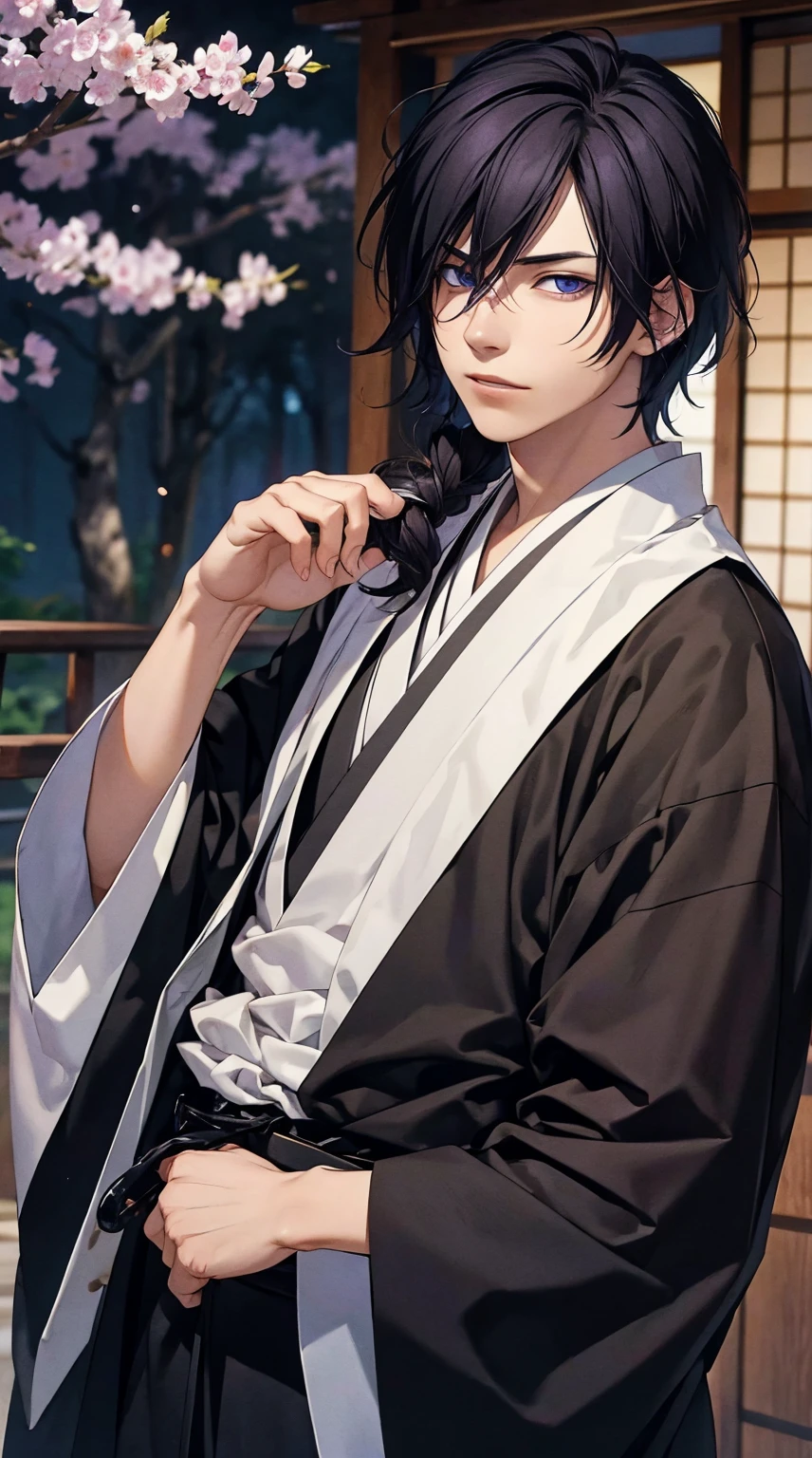 1young man, Violet eyes, black hair, male photo, with a cat, kimono, Japanese style, best quality, masterpiece, ultra detailed