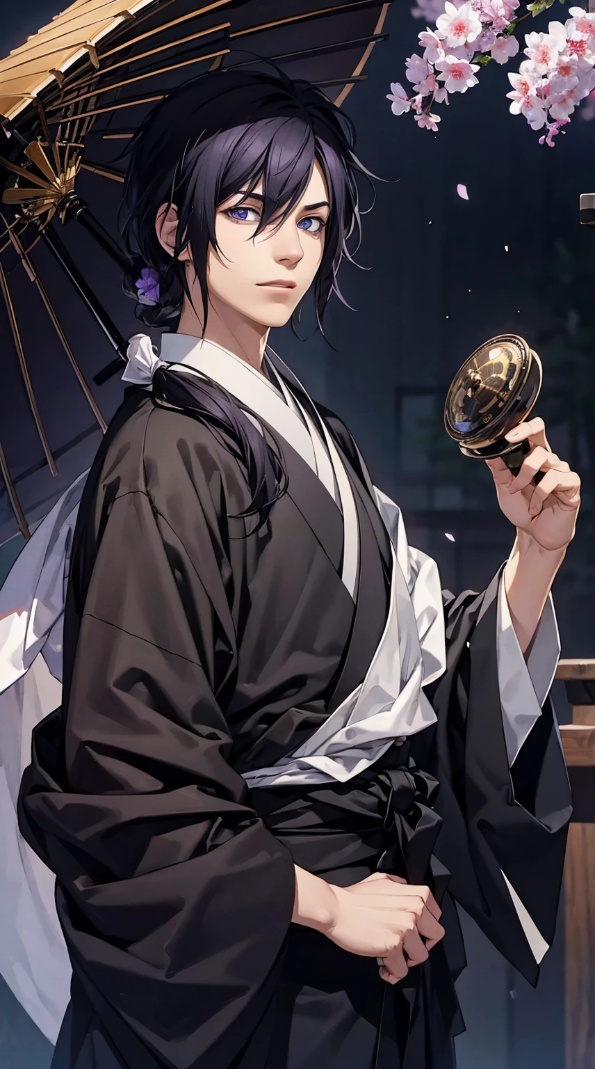 1young man, Violet eyes, black hair, male photo, with a cat, kimono, Japanese style, best quality, masterpiece, ultra detailed