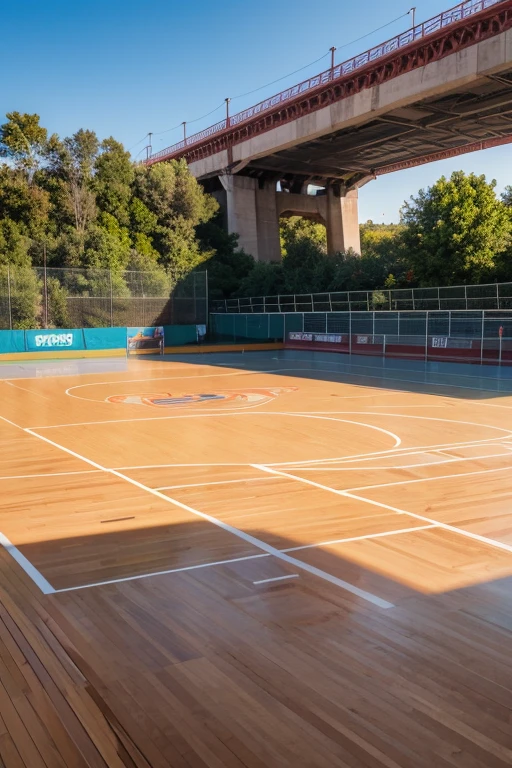 Rendering of wooden piles on the basketball court under the high-speed railway bridge, brilliant and highly saturated community park, high resolution