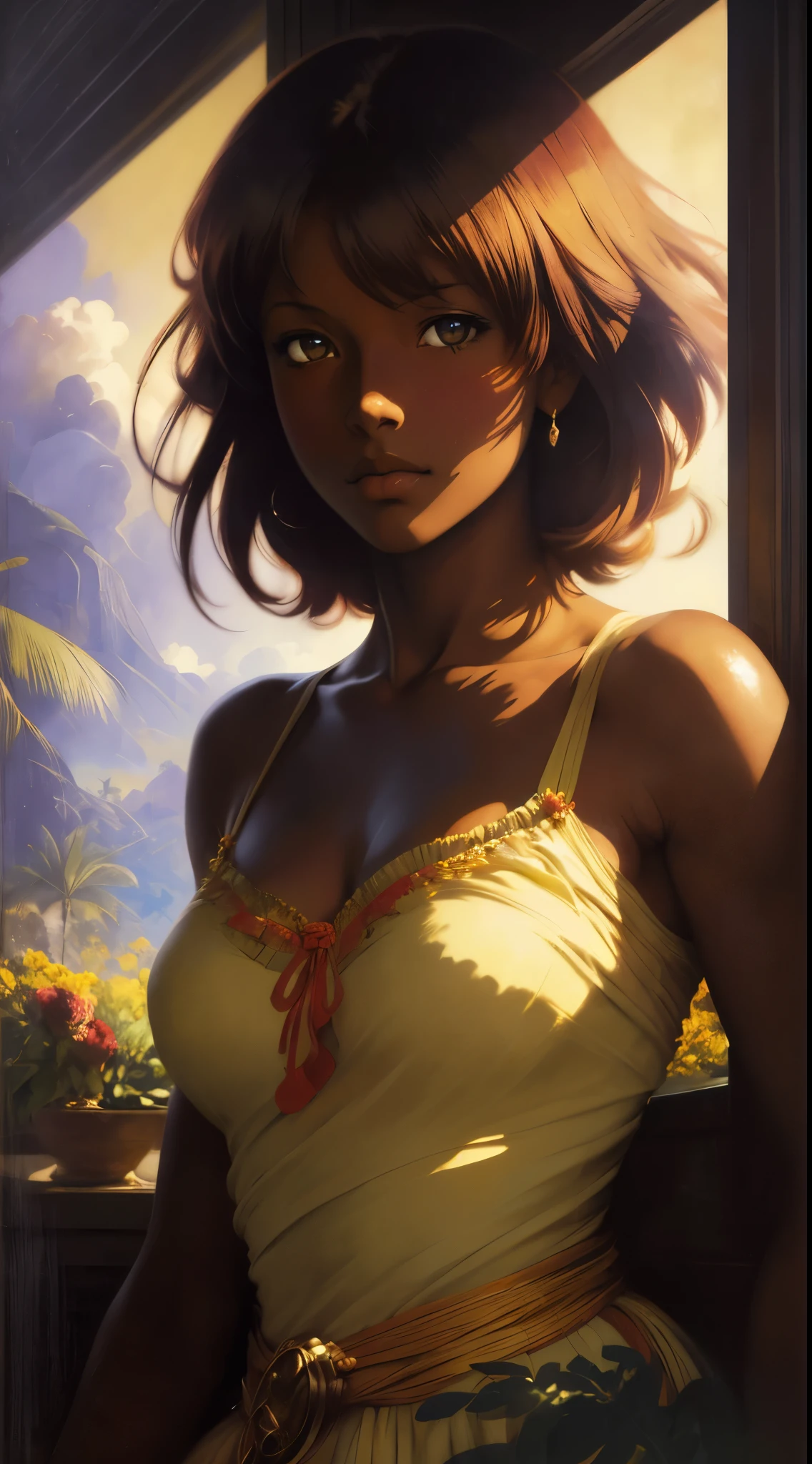 ((Solo half body Beautiful Carribean woman with dark skin and striking eyes)),  shadowed interior background, art by akihiko yoshida, manga art style, colorfield illustration, scary atmosphere, global illumination, by frank frazetta, art by goro fujita, glamor shot, banner, blur, anime key visual, (blue, yellow and gray colors), photorealistic dramatic anime girl, intricately detailed, chiaroscuro, pino daeni, impressionist (best quality, masterpiece)