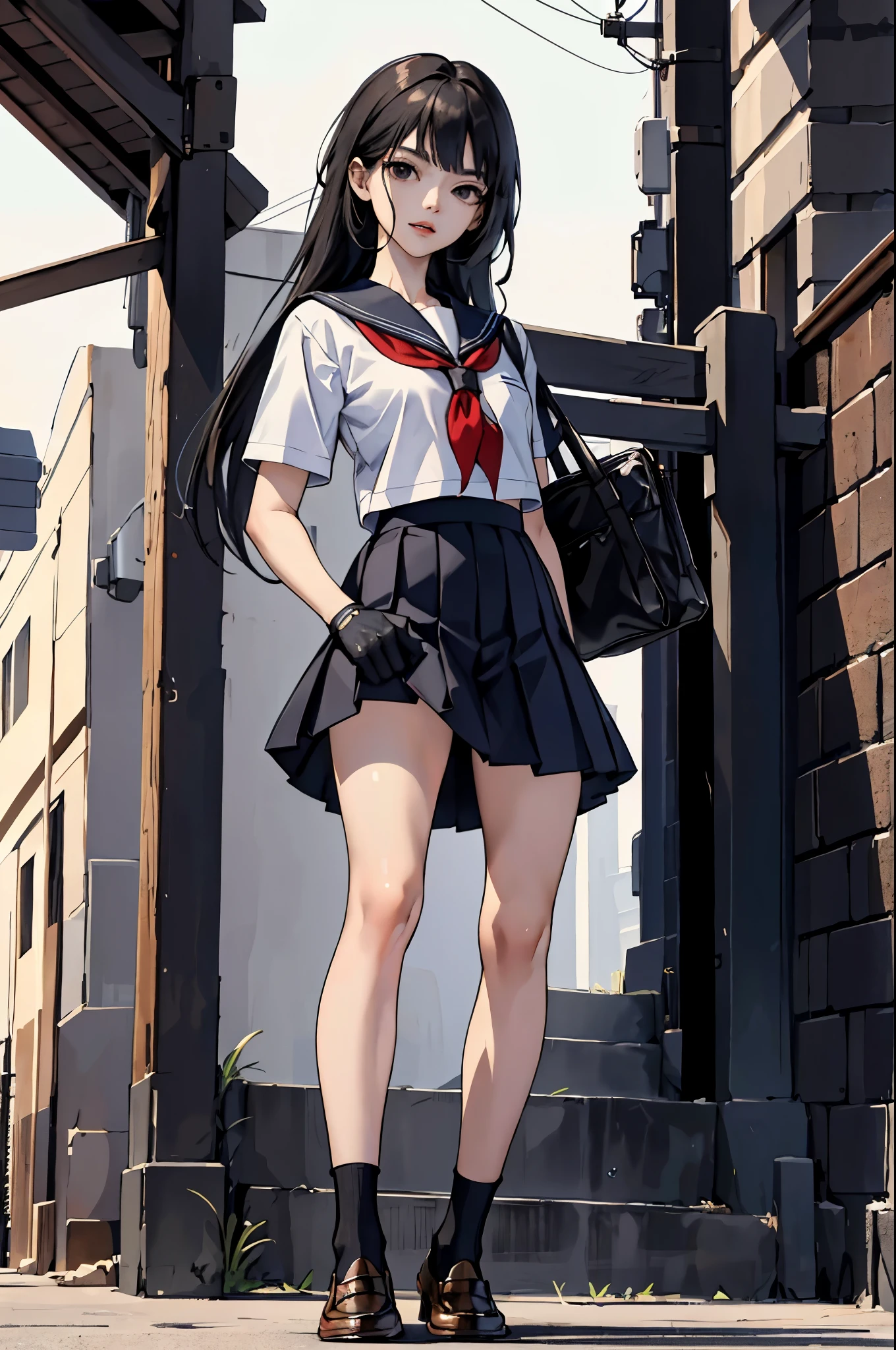 (Official art、Best Quality、Unity 8k Wallpapers、32K、 masterpiece、ultra-detailliert、High resolution,Perfect Anatomy:1.2),(natural soft light:1.2),Detailed beautiful face and eyes,cowboy shot,(focus 1woman,solo),18-year-old beauty、japanes, master of success:1.5、black hair,long hair,blunt bangs,black eyes,(smaller head:1.4, ideal ratio body proportions:1.5,skinny:1.2,t small breasts:1.2),(School uniform:1.3、shortsleeves、a sailor suit、pleated mini skirt、Fighting Gloves:1.5、Loafer shoes)、fight with success、Highkick:1.4、outside of house、Street Fight、