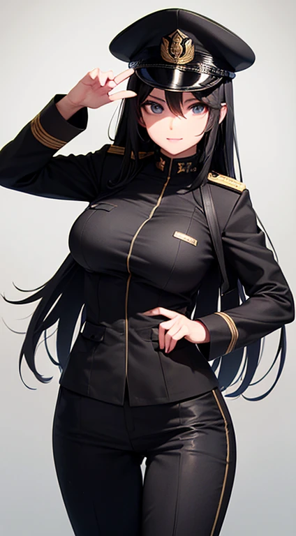 black Military Uniform, Bikini, Long Black Hair, Breast, black Military Cap, (detailed hands and fingers:1.2)