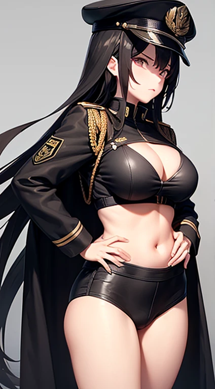 black Military Uniform, Bikini, Long Black Hair, Breast, black Military Cap, (detailed hands and fingers:1.2)