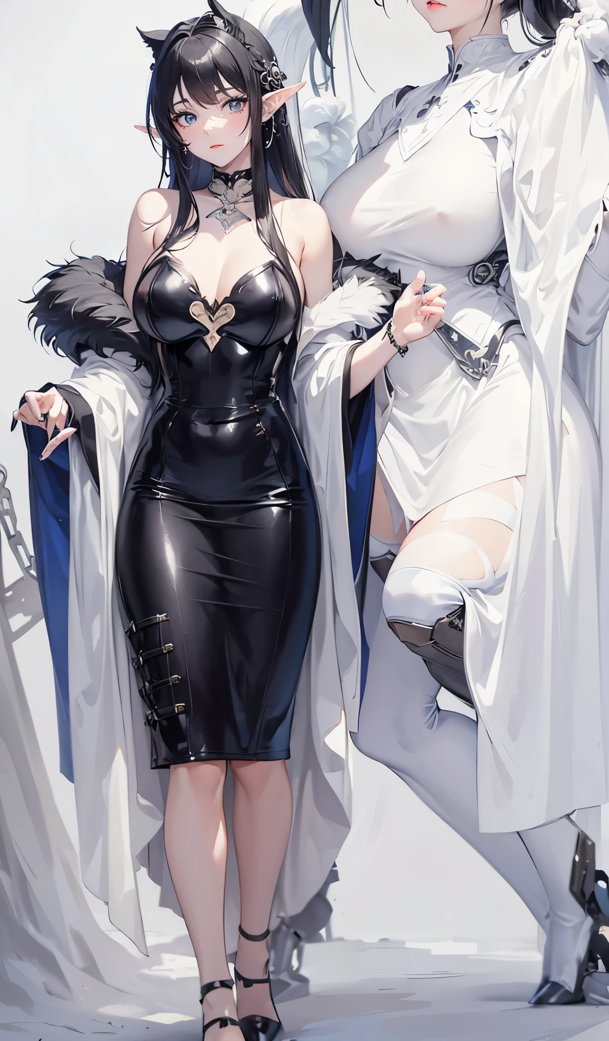 close up, Kneeling pose,The world of dreams, Imperial sister, gray and black bun,hair pin,Long elven ears, Redlip, suspender tight long skirt, fur shawl, humanoid creature, Medieval port, Her skin is very white, White complexion, blue colored eyes, messy gray-black hair, two longer legs,black and white stockings,Two socks leg tattoo in different colors,