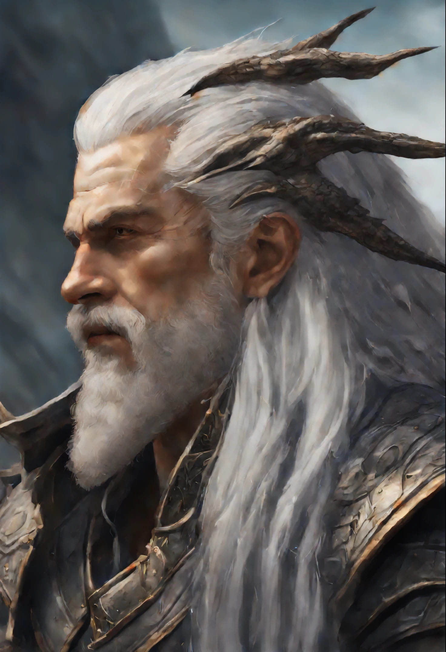 close-up of a man with a long white beard and a dragon, epic fantasy art portrait, Man with white hair, fantasy character portrait, epic fantasy character art, 4k fantasy art, epic rpg portrait, painted portrait of rugged odin, Portrait of Geralt of Rivia, realistic fantasy artwork, portrait of fin wildcloak, fantasy concept art portrait