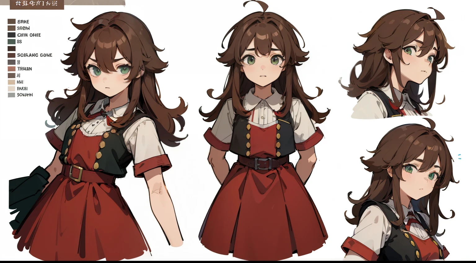 ((Masterpiece, Highest quality)), Detailed face, character sheets, full bodyesbian, 1boys,shoun，children'abe， green eyes, brown hair,  long detailed hair， Messy hair, , hair between eye,red loose dress, Full of details, Multiple poses and expressions, Highly detailed, Depth, Many parts