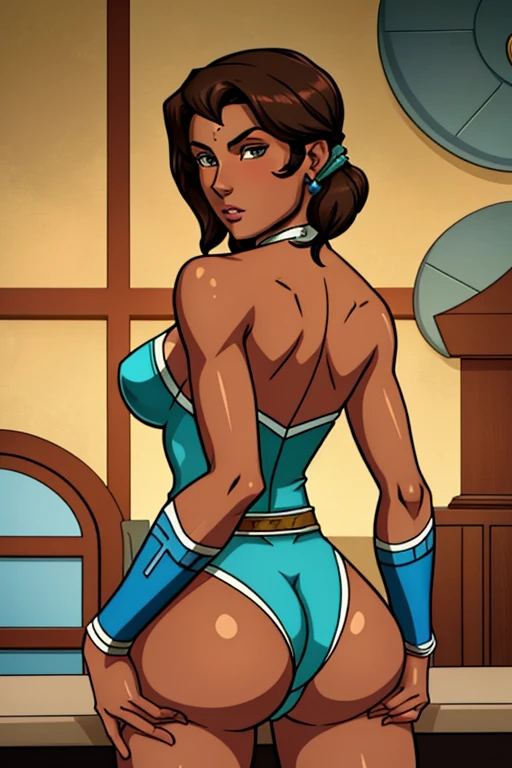 masterpiece, best quality, detailed face, detailed eyes, korra, sexy pose, buttlifit, brown skin, the legends of Korra, looking back at viewer