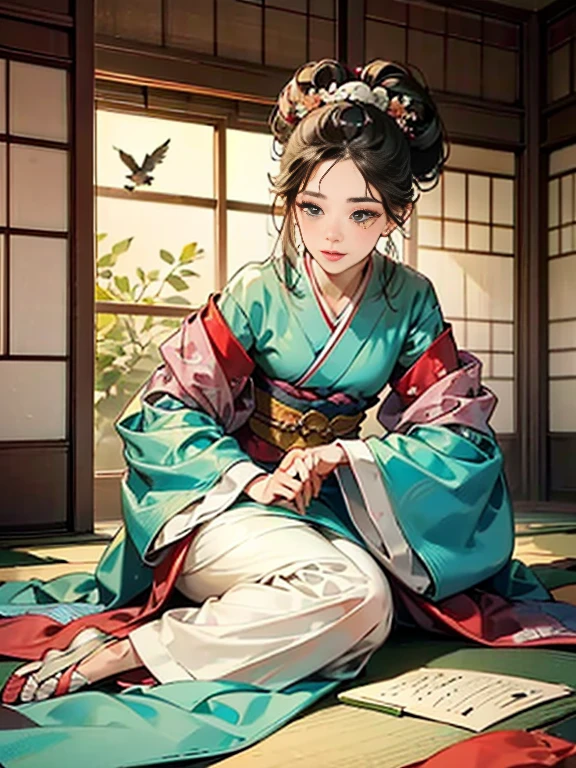 Master Pieces,hyper quality, Hyper Detailed,Perfect drawing,独奏、Beauty in the world、Komono、Sagging Japanese dresses、Japanese hair、Colorful Japan kimono、Nishijin Ori、Delicate and smart eyes、Half-open lips、sidelong glance、Graceful、Gorgeous、red blush(0.2)、Dazzling、Stunning、Gorgeous、Gentle、Shunguang、natural soft light、Flowers and Birds Fugetsu、traditional Japanese room、Accurate drawing、Detailed drawing、