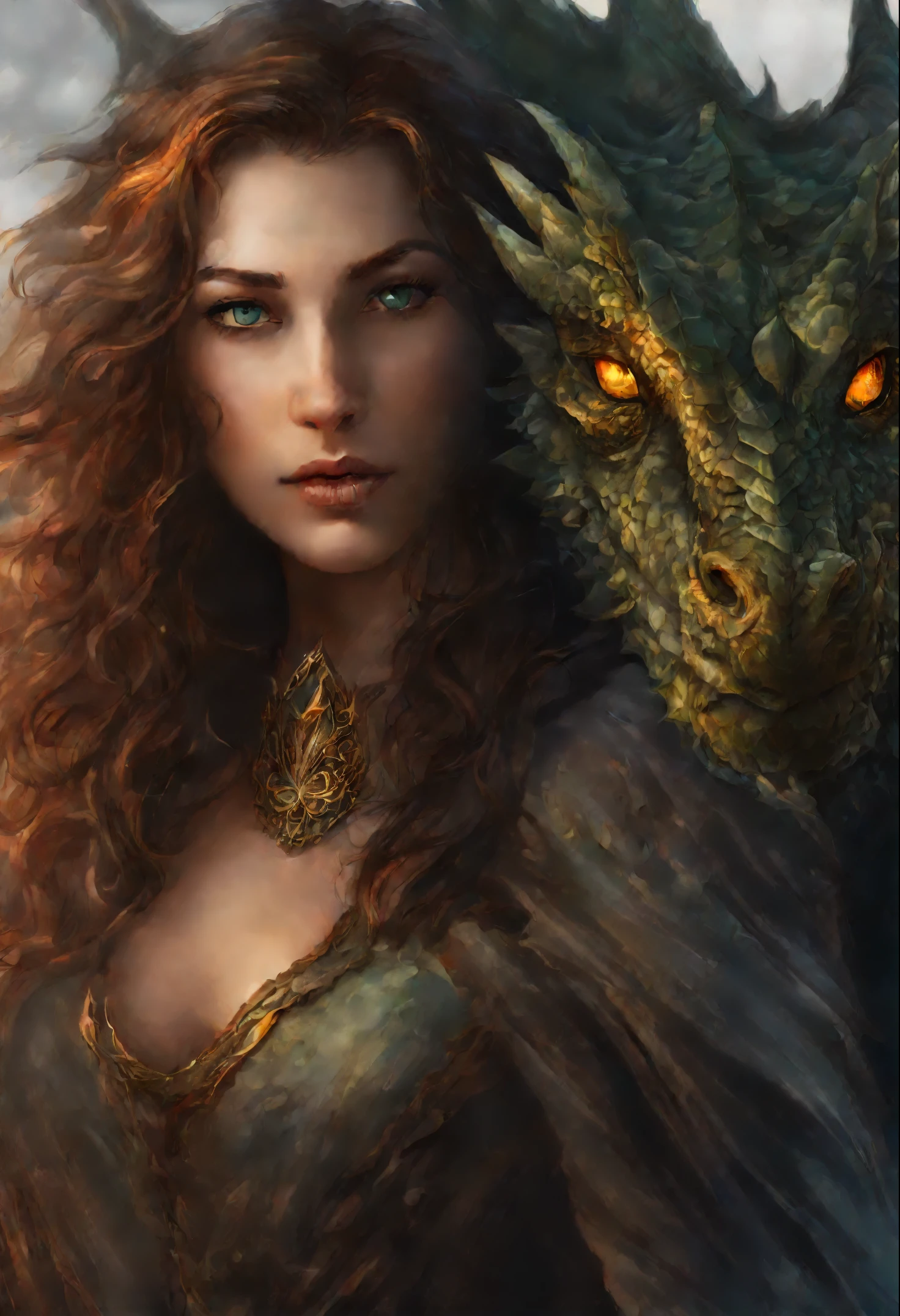 close-up of a woman with brown curls and green eyes, standing face to face with a copper-gray dragon, epic fantasy art style, dark fantasy style art, portrait of fin wildcloak, detailed fanart, fantasy portrait, artistic portrait in epic fantasy style, graphic artist magali villeneuve, male portrait in fantasy style, The Man with the Soul of a Dragon, epic fantasy style art, epic fantasy digital art style