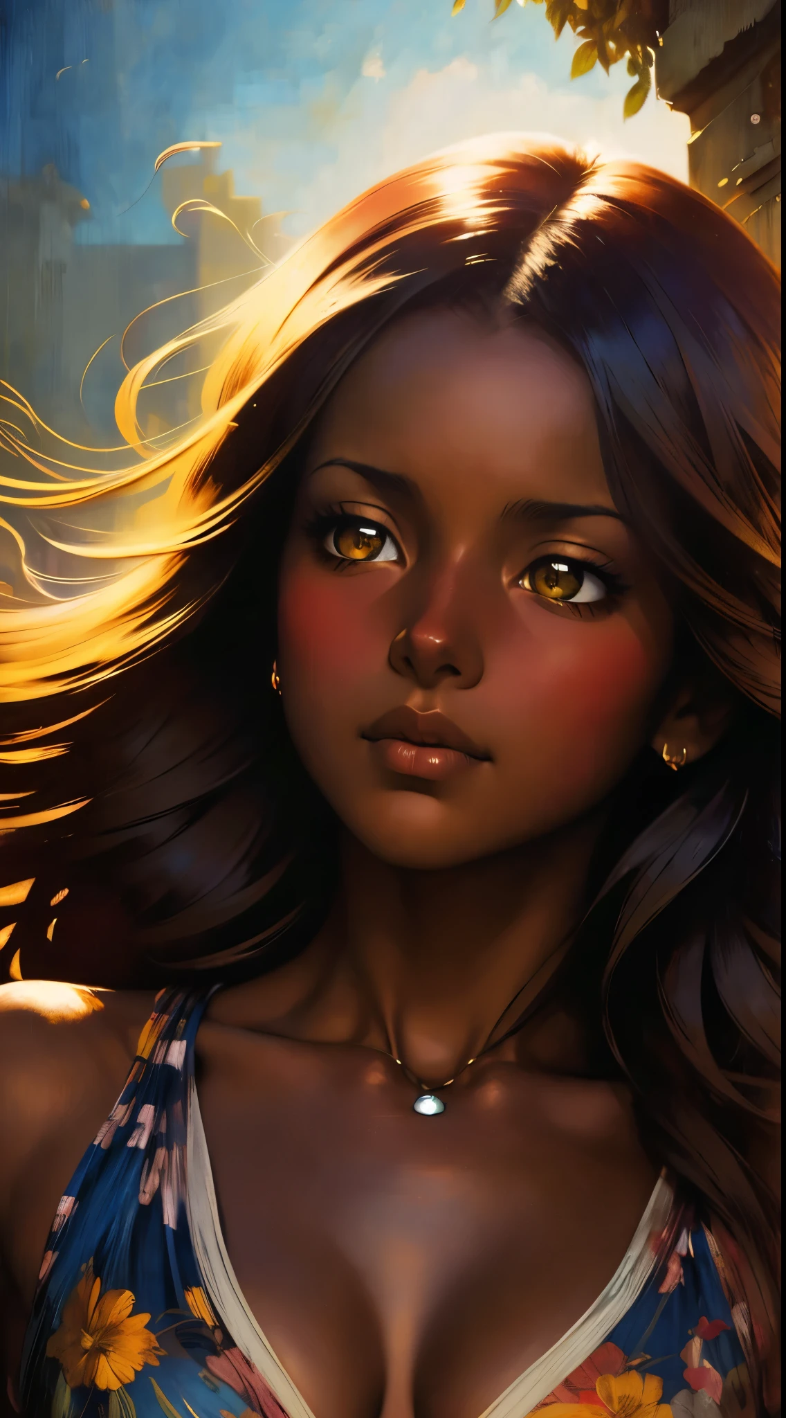 ((Solo Beautiful Carribean woman with dark skin and striking eyes)),  shadowed interior background, art by akihiko yoshida, manga art style, colorfield illustration, scary atmosphere, global illumination, by frank frazetta, art by goro fujita, glamor shot, banner, blur, anime key visual, (blue, yellow and gray colors), photorealistic dramatic anime girl, intricately detailed, chiaroscuro, pino daeni, impressionist (best quality, masterpiece)