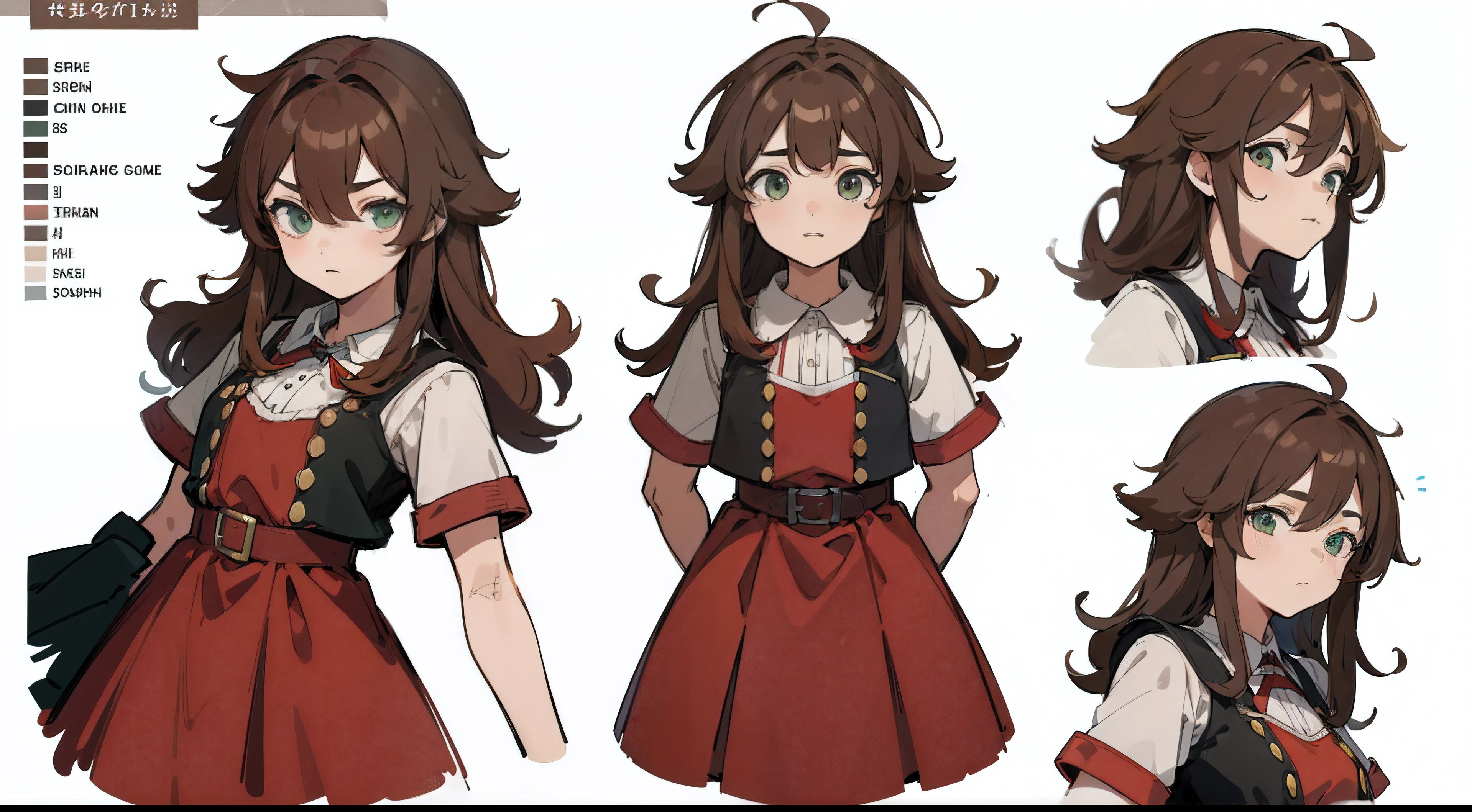 ((Masterpiece, Highest quality)), Detailed face, character sheets, full bodyesbian, 1boys,shoun,children'abe, green eyes, brown hair, long detailed hair, Messy hair, , hair between eye,red loose dress, Full of details, Multiple poses and expressions, Highly detailed, Depth, Many parts