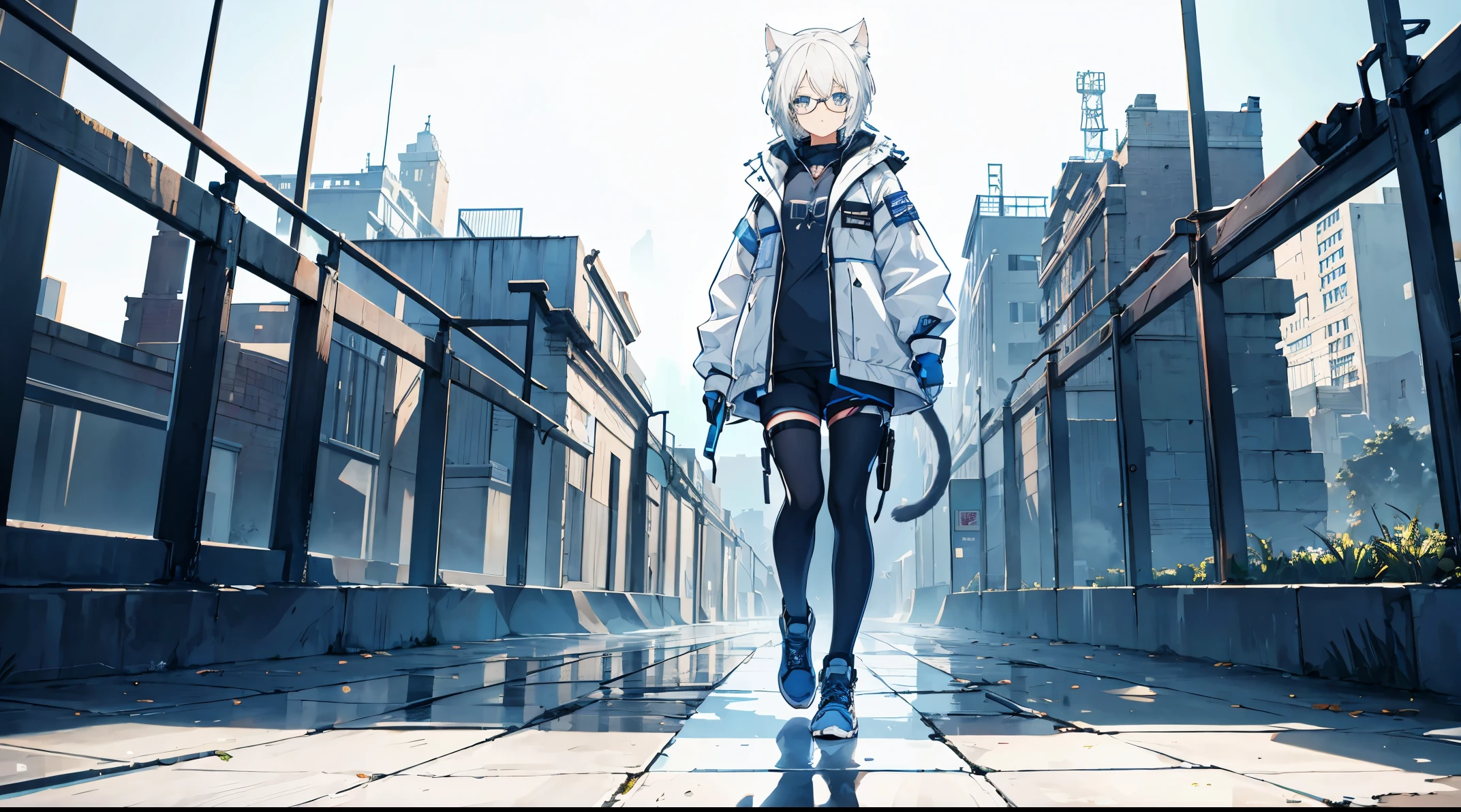 1girl, tpose, masterpiece, high quality, high res, short hair, white hair, cat ears, blue eyes, casual clothing, home clothing, techwear, casual techwear, glasses, no background, simple background, white background, fullbody