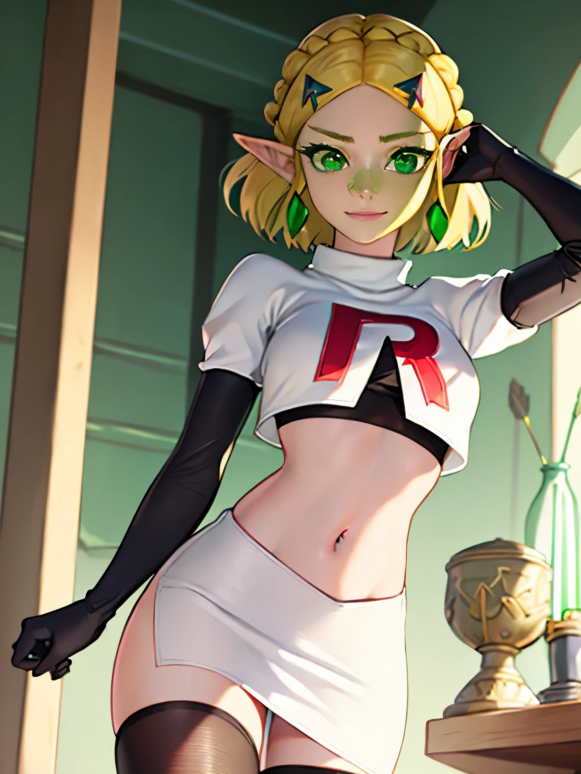 princess zelda, blonde hair, (green eyes:1.5), pointy ears, hair ornament, hairclip, parted bangs, short hair, crown braid,, glossy lips, makeup, team rocket,team rocket uniform, red letter R, white skirt,white crop top,black thigh-highs,black elbow gloves, evil smile