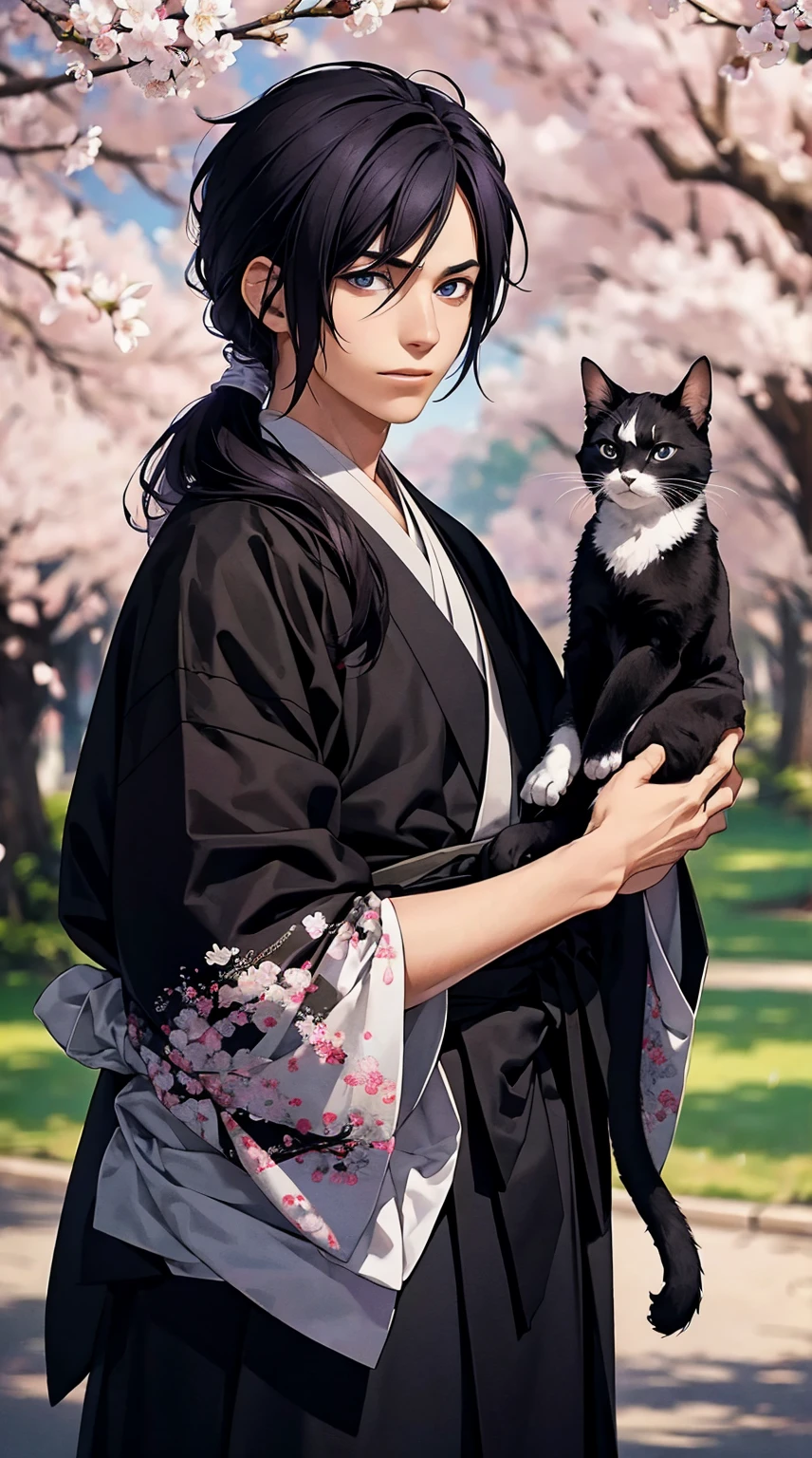 1young man, Violet eyes, black hair, low ponytail, male photo, with a cat, kimono, cherry blossoms,Japanese style, best quality, masterpiece, ultra detailed