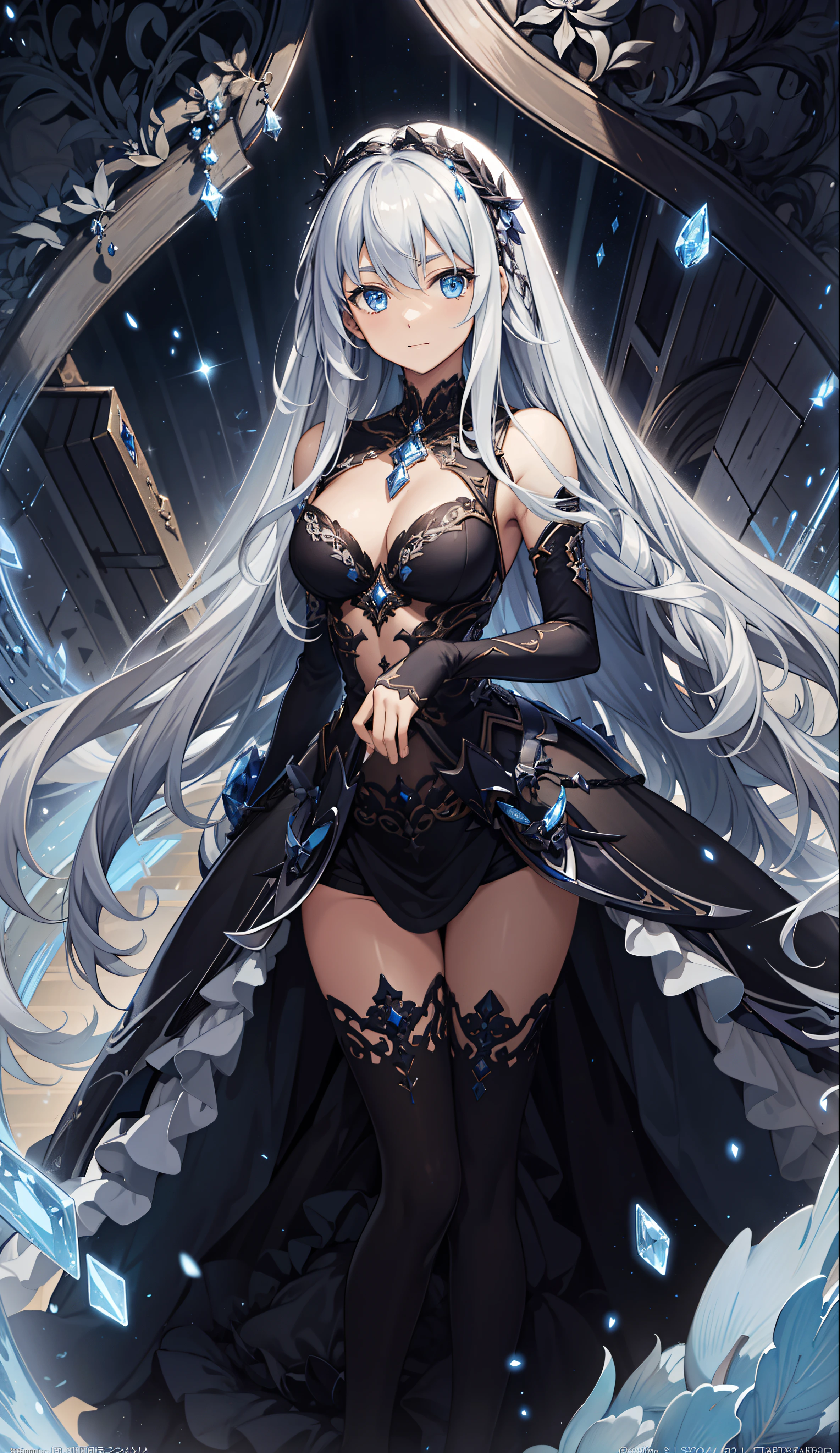 1 girl, (((ultra - detailed))), ((tmasterpiece)), ((illuminations)),Obsessed, Starlight Virgin,having fun,Evil charm, Black gorgeous dress, curvy woman, light yarn, sliver long haiir skin, Sagged Eyes, Starry eyes like the night sky, chest circumference, facing the front there,Delicate and beautiful face and hair
