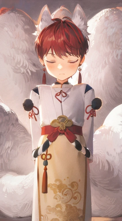 anime fox boy character dressed in traditional japanese clothing standing in front of a large white swan, white fox ears, big tails behind him, use red earrings