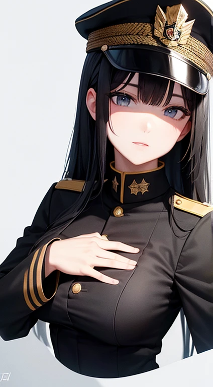 black Military Uniform, Long Black Hair, Breast, black Military Cap, (detailed hands and fingers:1.2)