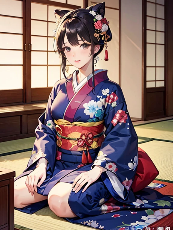 Master Pieces,hyper quality, Hyper Detailed,Perfect drawing,独奏、Beauty in the world、Komono、Sagging Japanese dresses、Japanese hair、Colorful Japan kimono、Nishijin Ori、Delicate and smart eyes、Half-open lips、sidelong glance、Graceful、Gorgeous、red blush(0.2)、Dazzling、Stunning、Gorgeous、Gentle、Shunguang、natural soft light、Flowers and Birds Fugetsu、traditional Japanese room、Accurate drawing、Detailed drawing、