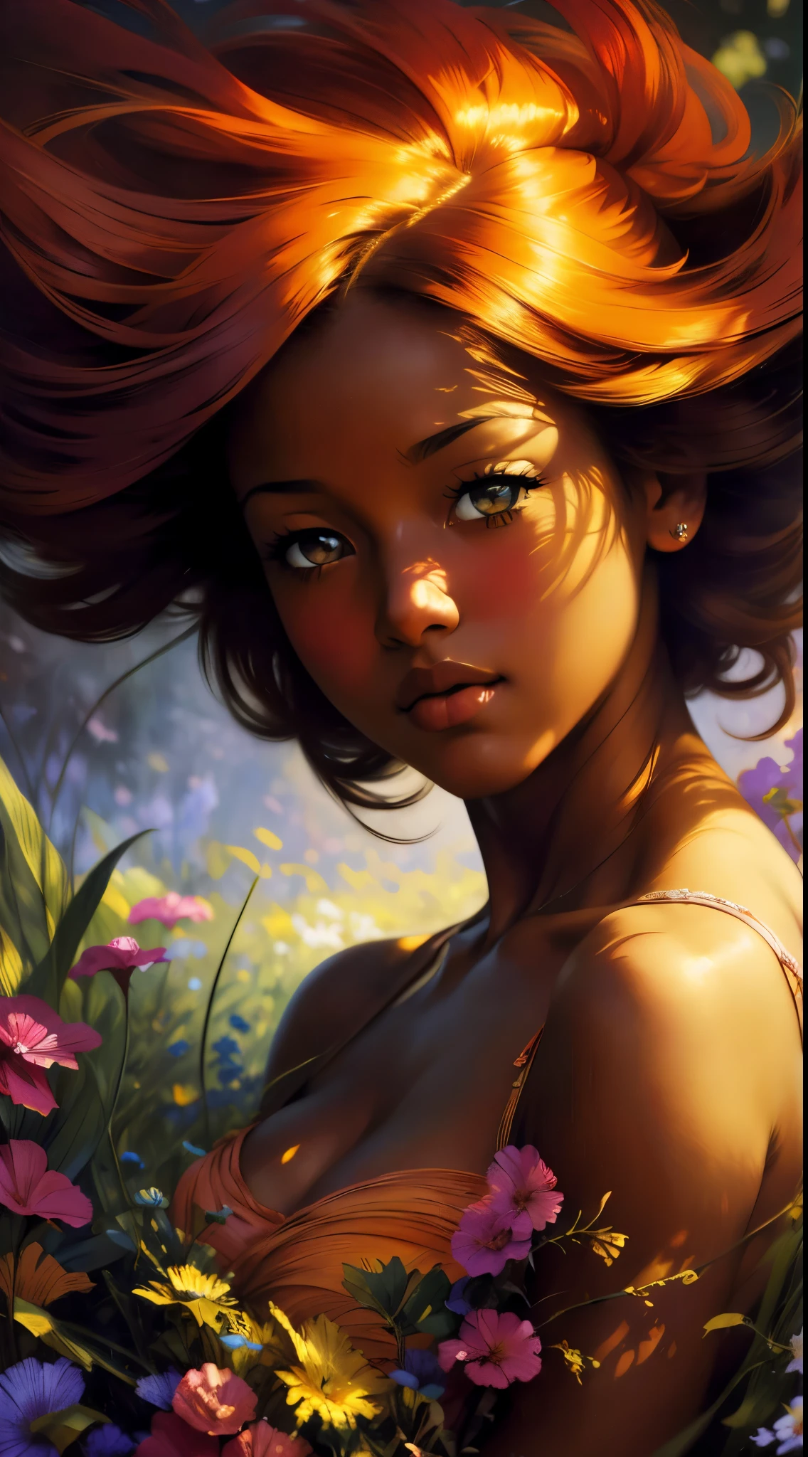((Solo Beautiful Carribean woman with dark skin and striking eyes)), shadowed interior background, art by akihiko yoshida, manga art style, colorfield illustration, scary atmosphere, global illumination, by frank frazetta, art by goro fujita, glamor shot, banner, blur, anime key visual, (blue, yellow and gray colors), photorealistic dramatic anime girl, intricately detailed, chiaroscuro, pino daeni, impressionist (best quality, masterpiece)