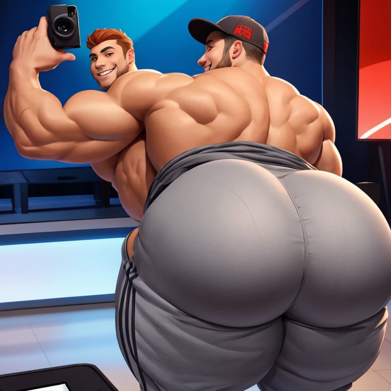 Two college guys, muscular, jocks, athletic, , ginger, wearing grey sweatpants, big butt, huge ass, comically massive ass, bubblebutt, thick, thicc, thick ass, thick legs, thick thighs, huge butt cheeks, ass huge, showing butt to camera, smiling, looking back at camera, big booty, boy booty, men with huge butts, men in grey sweatpants, showing off ass, absolutely massive butt, enormous ass cheeks in grey sweatpants, full ass, wide ass, round ass, tight sweatpants, abnormally large ass, unrealistically large butt, massive ass, huge butts