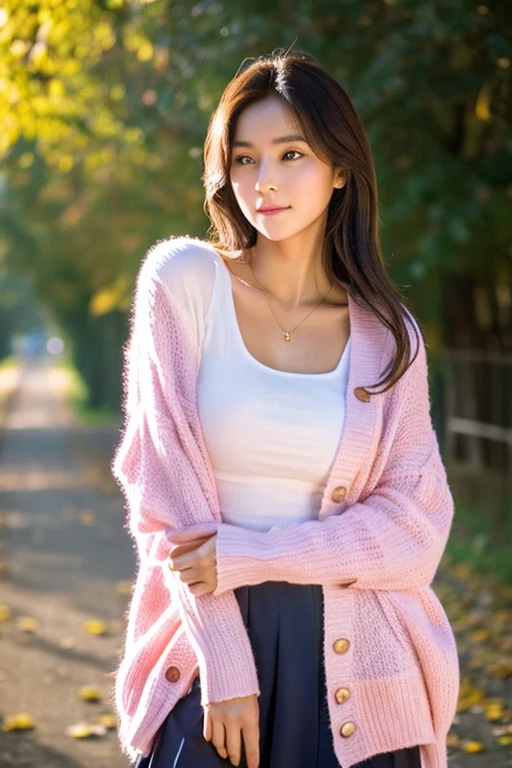 Please create a woman with the same face as the first image I uploaded with the following outfit. Pink cardigan, white blouse.
Realistic, masterpiece, best quality, square images