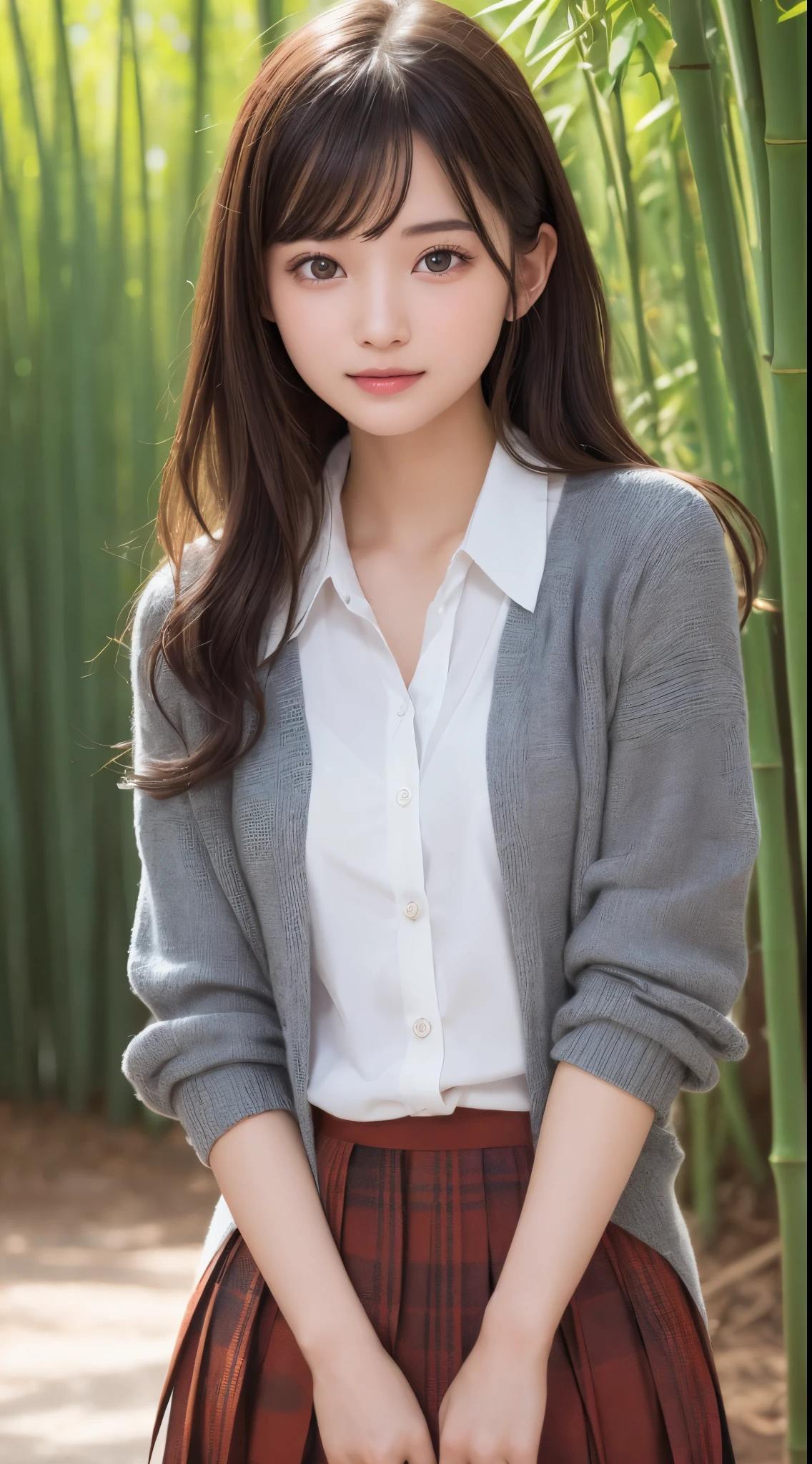 bamboo forrest,ssmile、Original photography、(((ultimate beauty portrait)))、((glistning skin))、1 girl、Beautiful 20 year old girl from Prague、bright expression、((Brown hair)))、(Plaid pleated skirt:1.5)、((Big eyes sparkling like gems))、Cardigan shirt、Open your clothes、lace hose、Skin glows、(Medium hair)、(silk ponytail)、(Eternal)、eyeline、beautiful bangs、hair between eye、((tmasterpiece、quality、ultra - detailed、movie light lighting、Complicated details、A high resolution、The content is very detailed))、Background with、8 gourde、Digital SLR、gentlesoftlighting、高quality、filmgrain、XT3 、shallowdepthoffield、Natural soft light、Shang Ming、plump bust