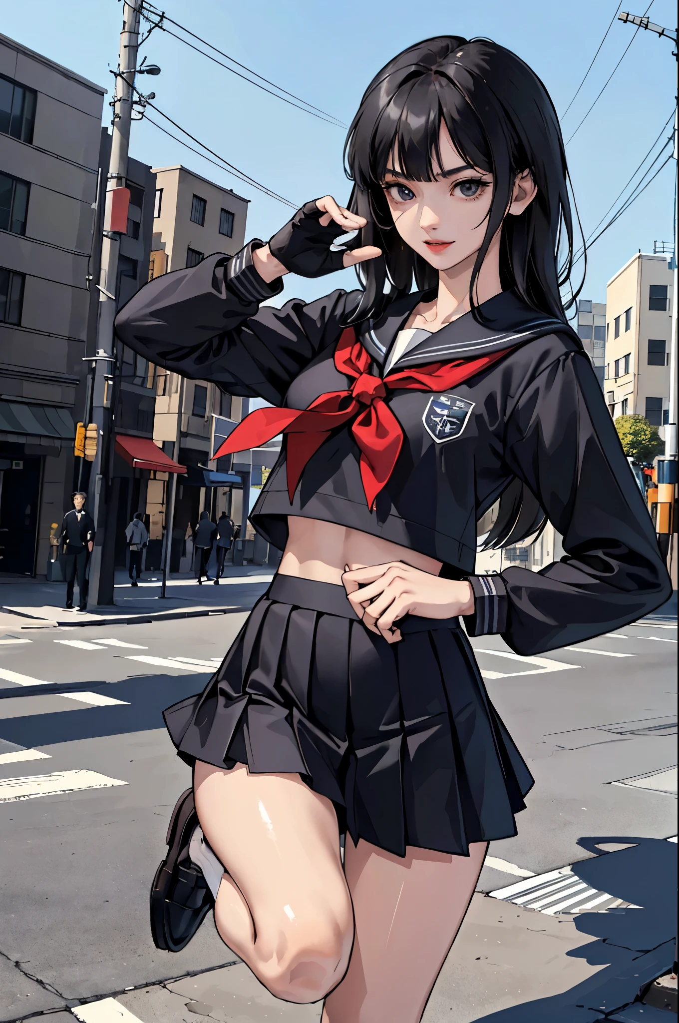 (Official art、Best Quality、Unity 8k Wallpapers、32K、 masterpiece、ultra-detailliert、High resolution,Perfect Anatomy:1.2),(natural soft light:1.2),Detailed beautiful face and eyes,cowboy shot,(focus 1woman,solo),18-year-old beauty、japanes, master of success:1.5、black hair,long hair,blunt bangs,black eyes,(smaller head:1.4, ideal ratio body proportions:1.5,skinny:1.2,t small breasts:1.2),(School uniform:1.3、shortsleeves、a sailor suit、pleated mini skirt、Fighting Gloves:1.5、Loafer shoes)、((fight with success、raise one leg wide:1.5,High kicking 1.5))、outside of house、Street Fight、