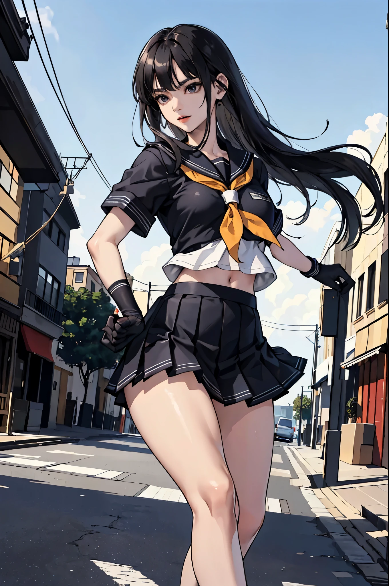 (Official art、Best Quality、Unity 8k Wallpapers、32K、 masterpiece、ultra-detailliert、High resolution,Perfect Anatomy:1.2),(natural soft light:1.2),Detailed beautiful face and eyes,cowboy shot,(focus 1woman,solo),18-year-old beauty、japanes, master of success:1.5、black hair,long hair,blunt bangs,black eyes,(smaller head:1.4, ideal ratio body proportions:1.5,skinny:1.2,t small breasts:1.2),(School uniform:1.3、shortsleeves、a sailor suit、pleated mini skirt、Fighting Gloves:1.5、Loafer shoes)、((fight with success、raise one leg wide:1.5,High kicking 1.5))、outside of house、Street Fight、