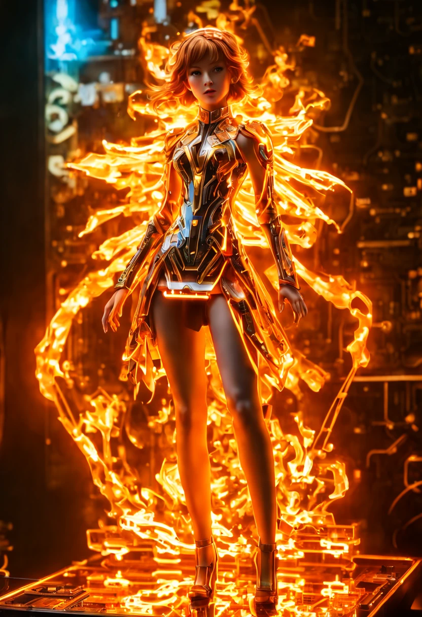 (Masterpiece, high quality, best quality, official art, beauty and aesthetics:1.2),(fire element:1.1),composed of fire elements,(1girl:1.45),(gundam:0.6),highly realistic,graceful poses,transparency,Sci-fi light effects,(Illuminated circuit board:1.6),ukl,dress,flame,