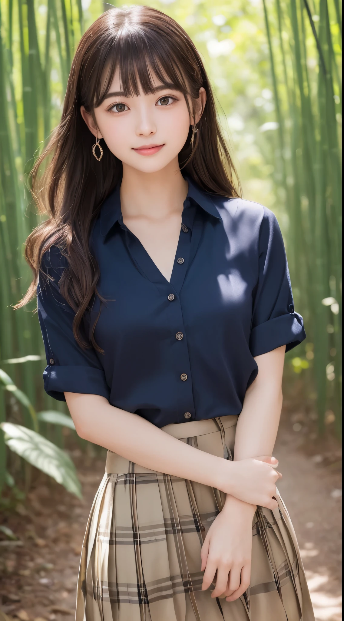 bamboo forrest，ssmile、Original photography、(((ultimate beauty portrait)))、((glistning skin))、1 girl、Beautiful 20 year old girl from Prague、bright expression、((Brown hair)))、(Plaid pleated skirt:1.5)、((Big eyes sparkling like gems))、Cardigan shirt、Open your clothes、lace hose、Skin glows、(Medium hair)、(silk ponytail)、(everlasting)、eyeline、beautiful bangs、hair between eye、((tmasterpiece、quality、ultra - detailed、movie light lighting、Complicated details、A high resolution、The content is very detailed))、Background with、8 gourde、Digital SLR、gentlesoftlighting、高quality、filmgrain、XT3 、shallowdepthoffield、Natural soft light、Shang Ming、plump bust