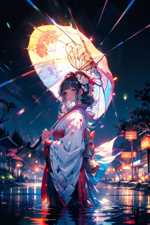 (Best Quality, hight resolution, Ultra-detailed, Photorealistic), Anime, dark skinned geisha, Green eyes, umbrellas, Fans, traditional Japanese costume, Delicate Makeup, Complex hairstyle, Mysterious atmosphere, glowing lanterns, Cherry blossom background, dim garden, tranquil ponds, flowingwater, ethereal beauty