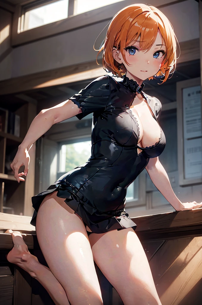 1girl, super model body, very slim body, thin, tall, super model body, ultra-detailed CG, 8k, high detailed, realistic, solo, intricate details), (short skirt), bright orange hair, hair over one eye, short hair, blue eyes, little clothing, exposed skin, bra, ((sexy sharp face, allure)), [[playful]]], [[[bedroom]]], front-view, [[Leaning forwards]], head down, butt up, arched back, provocative position, cleavage, sexy, arousing, realistic, ((perfect symmetrical body)), (slim hip), soft light, dawn light)), bloom,