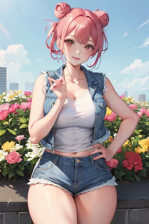 tmasterpiece、Need、1 female student、White cloth bun bun bun、Shoulder leakage、The chest is large、chubbiness、Smile、pale pink lip、posing on a，legs are open， 独奏,denim short， denim vest，looking at viewert,  (Thigh thick:1.0),Yazawa Nico,red eyes, face flushed,Blunt hair,both hands on hip，[Wide buttock]，greet，Flower headdresackpacks，In the park，Large scissors