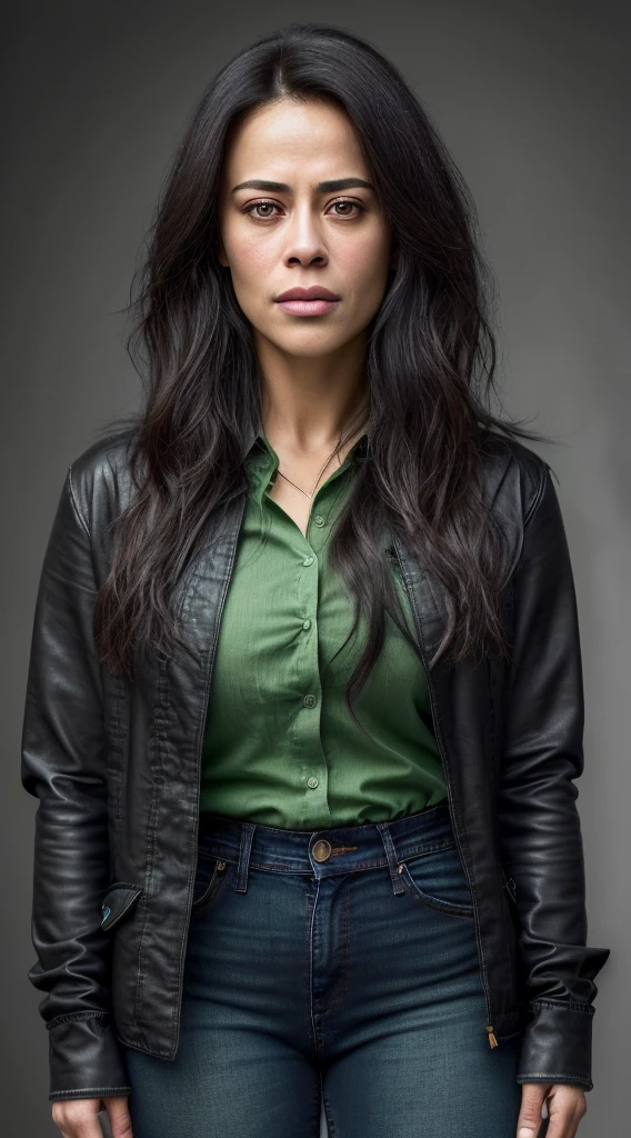 there is a woman with a green shirt and a black jacket with jeans and black leather boots, this person does not exist, arab, in her 20s, serious focussed look, monica belluci-paula patton-sara hyland-amber portwood-courtney eaton-jessica henwick-olga fonda-nicole sakura merged, entire body visible, full body, hyperrealistic, best quality, 8K, real human skin, masterpiece, extremely intricate, medium closeup, detailed eyes, detailed face, detailed body, exaggerated features, pronounced features