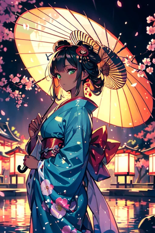 (Best Quality, hight resolution, Ultra-detailed, Photorealistic), Anime, dark skinned geisha, Green eyes, umbrellas, Fans, traditional Japanese costume, Delicate Makeup, Complex hairstyle, Mysterious atmosphere, glowing lanterns, Cherry blossom background, dim garden, tranquil ponds, flowingwater, ethereal beauty