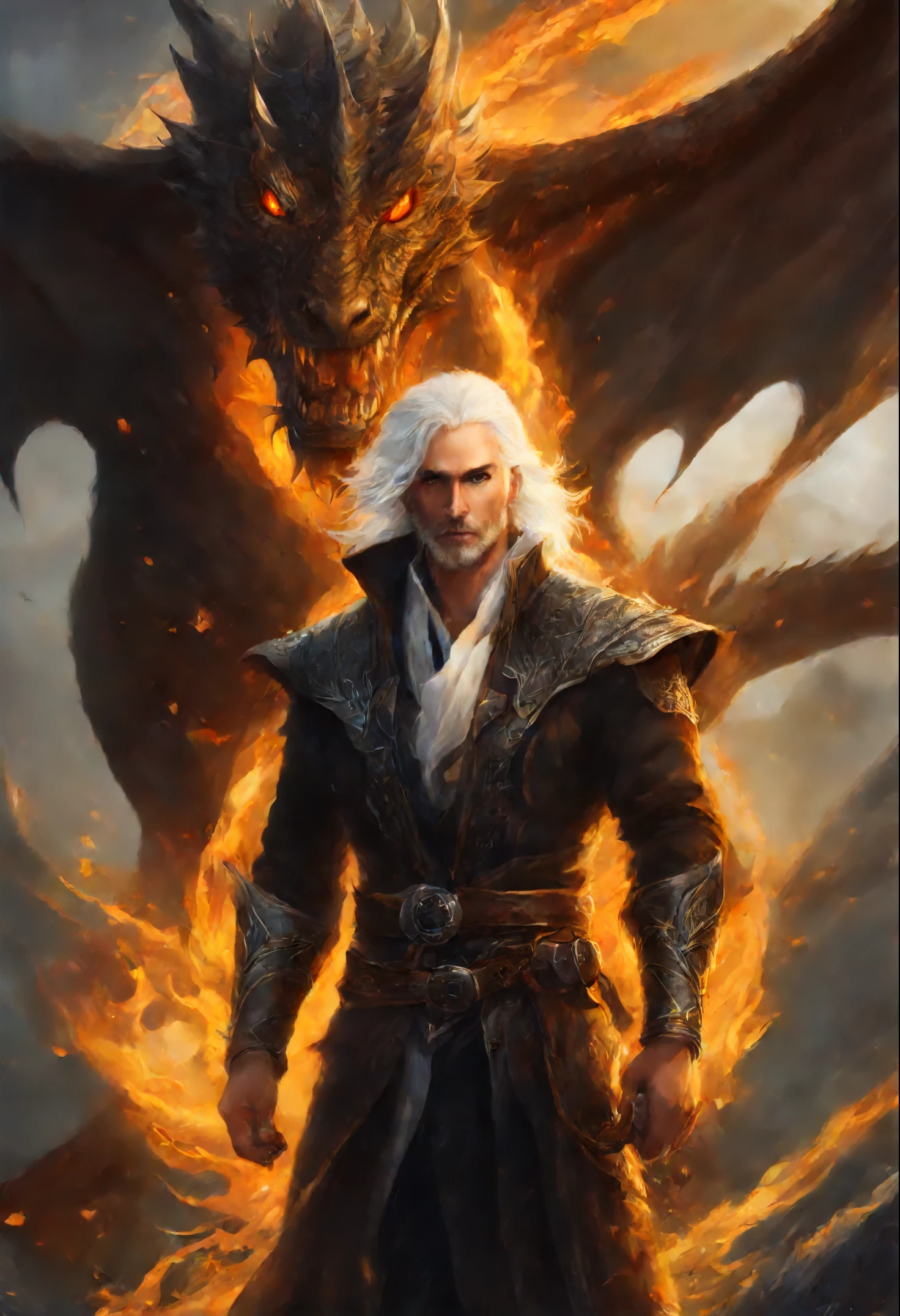 close-up of a fiery man with white hair and yellow eyes, facing the dragon, epic fantasy art style, dark fantasy style art, portrait of fin wildcloak, detailed fanart, Fantasy genre portrait, epic fantasy art portrait, graphic artist magali villeneuve, fantasy male portrait, The Man with the Soul of a Dragon, epic fantasy style art, epic fantasy digital art style