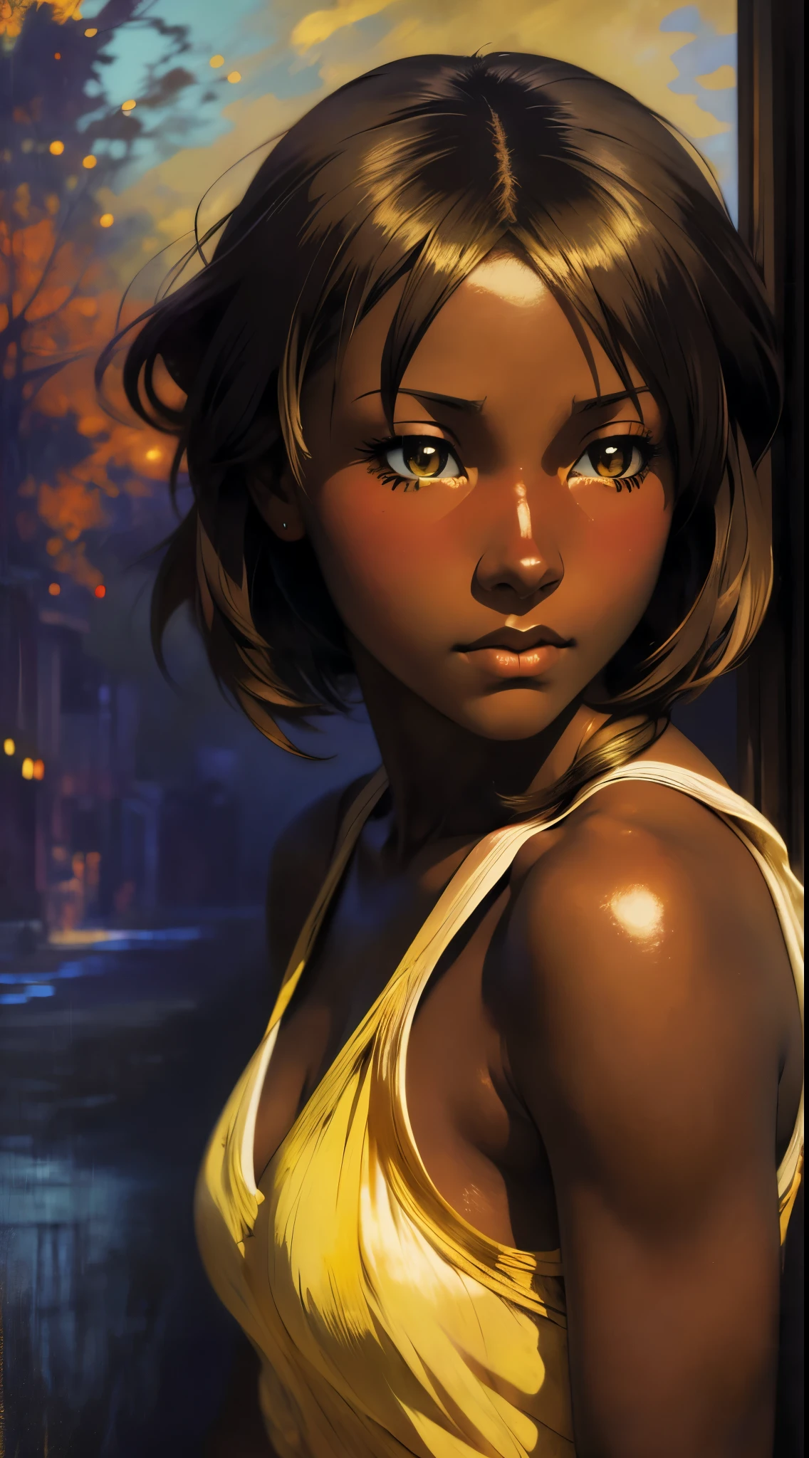 ((Solo Beautiful Carribean woman with dark skin and striking eyes)),  shadowed interior background, art by akihiko yoshida, manga art style, colorfield illustration, scary atmosphere, global illumination, by frank frazetta, art by goro fujita, glamor shot, banner, blur, anime key visual, (blue, yellow and gray colors), photorealistic,  dramatic, anime girl, african american features, intricately detailed, chiaroscuro, pino daeni, impressionist (best quality, masterpiece)
