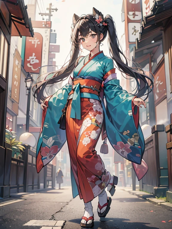 girl with, Full body, Twin tail hair, Japan Kimono Furisode