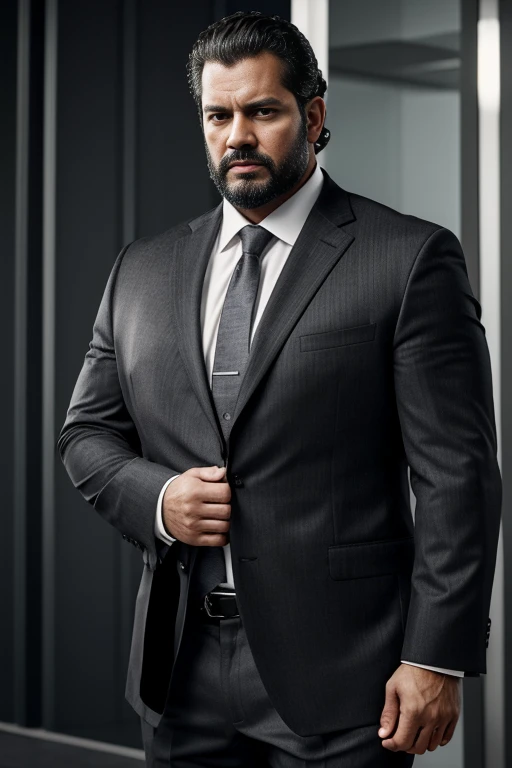 a CEO, handsome, wealthy man, realistic photo, intimidating, overweight CEO in a business suit, abdomen hanging over his belt, powerful, middle aged, black and grey curly hair that is styled back, tall, broad shoulders, abdomen hanging over belt, circle beard, heavy build, serious look, intimidating, evil, scary, darkness, alpha, standing, realism, realistic, full 4k