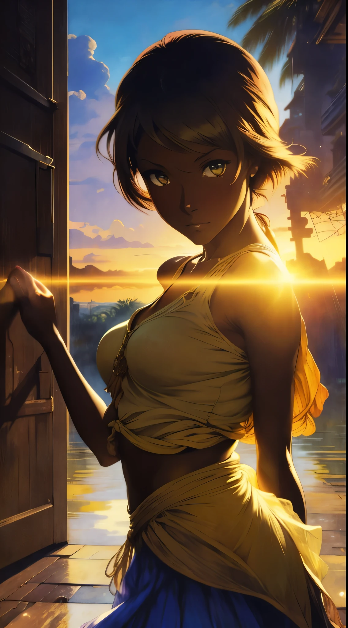 ((Solo Beautiful Carribean woman with dark skin and striking eyes)),  shadowed interior background, art by akihiko yoshida, manga art style, colorfield illustration, scary atmosphere, global illumination, by frank frazetta, art by goro fujita, glamor shot, banner, blur, anime key visual, (blue, yellow and gray colors), photorealistic,  dramatic, anime girl, african american features, intricately detailed, chiaroscuro, pino daeni, impressionist (best quality, masterpiece)