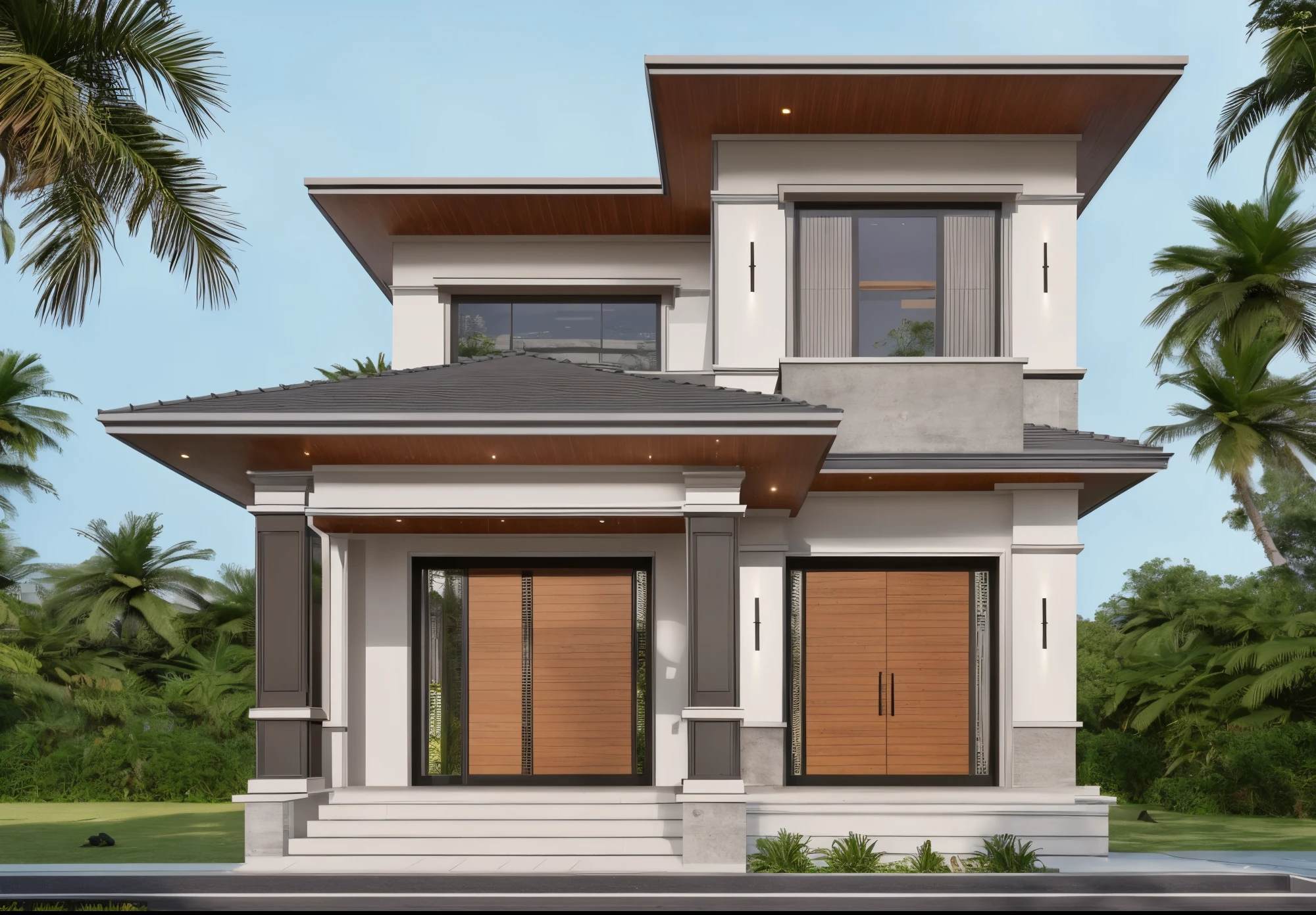 1 main wood door, many glass door, concrete, modern villa, palm, plant, beautiful sky, architecture, beautiful, masterpiece, best quality, super detailed, realistic, photorealistic, 8k, sharp focus, droste effect photography, macro photography, interior in side house .