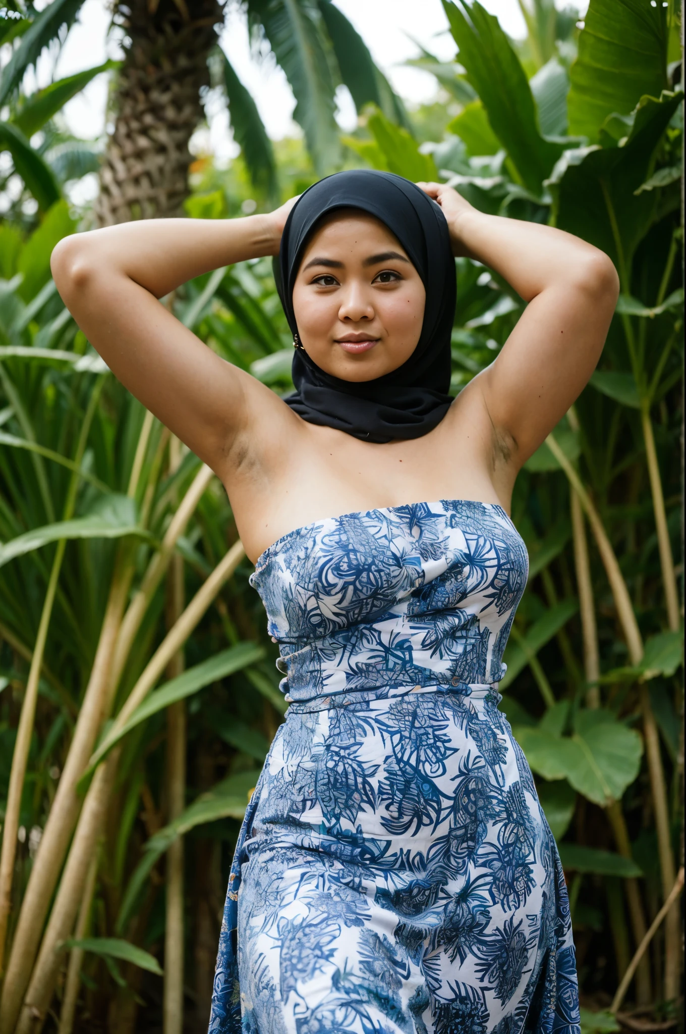 a beautiful Malaysian woman with hijab standing at palm trees farm, ((showing armpits)), chubby body, wearing strapless batik dress, Zeiss planar t* 88mm f/1.2, kodak portrait, UHD image, sovietwave, distinct facial features