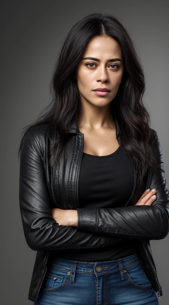 there is a woman with a green shirt and a black jacket with jeans and black leather boots, this person does not exist, arab, in her 20s, serious focussed look, monica belluci-paula patton-sara hyland-amber portwood-courtney eaton-jessica henwick-olga fonda-nicole sakura merged, entire body visible, full body, hyperrealistic, best quality, 8K, real human skin, masterpiece, extremely intricate, medium closeup, detailed eyes, detailed face, detailed body, exaggerated features, pronounced features
