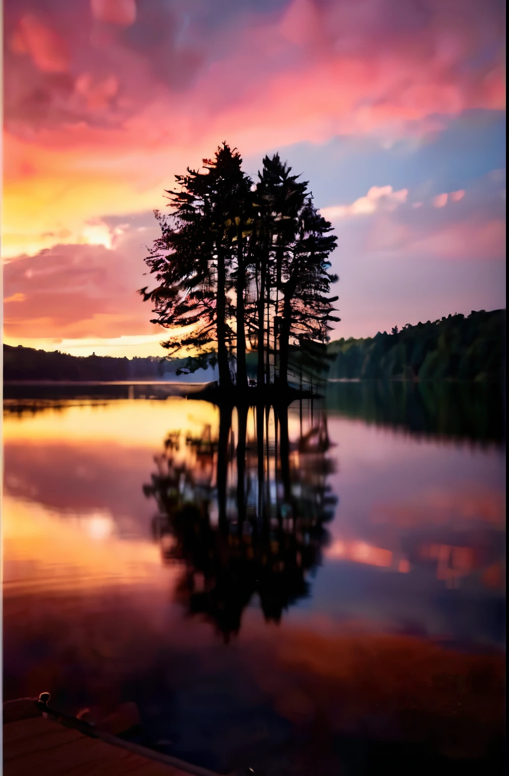 A serene of best lake at sunset, nostalgic, dreamy, Well-toned, high quality, highres, ultra real, 4k, realistic, Leica M6, 50mm f/1.8 lens,