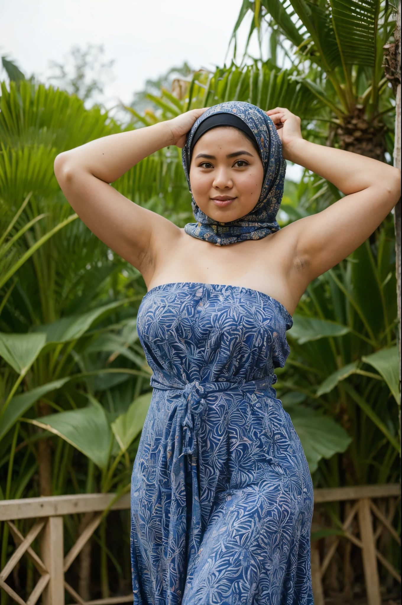 a beautiful Malaysian woman with hijab standing at palm trees farm, ((showing armpits)), chubby body, wearing strapless batik dress, Zeiss planar t* 88mm f/1.2, kodak portrait, UHD image, sovietwave, distinct facial features