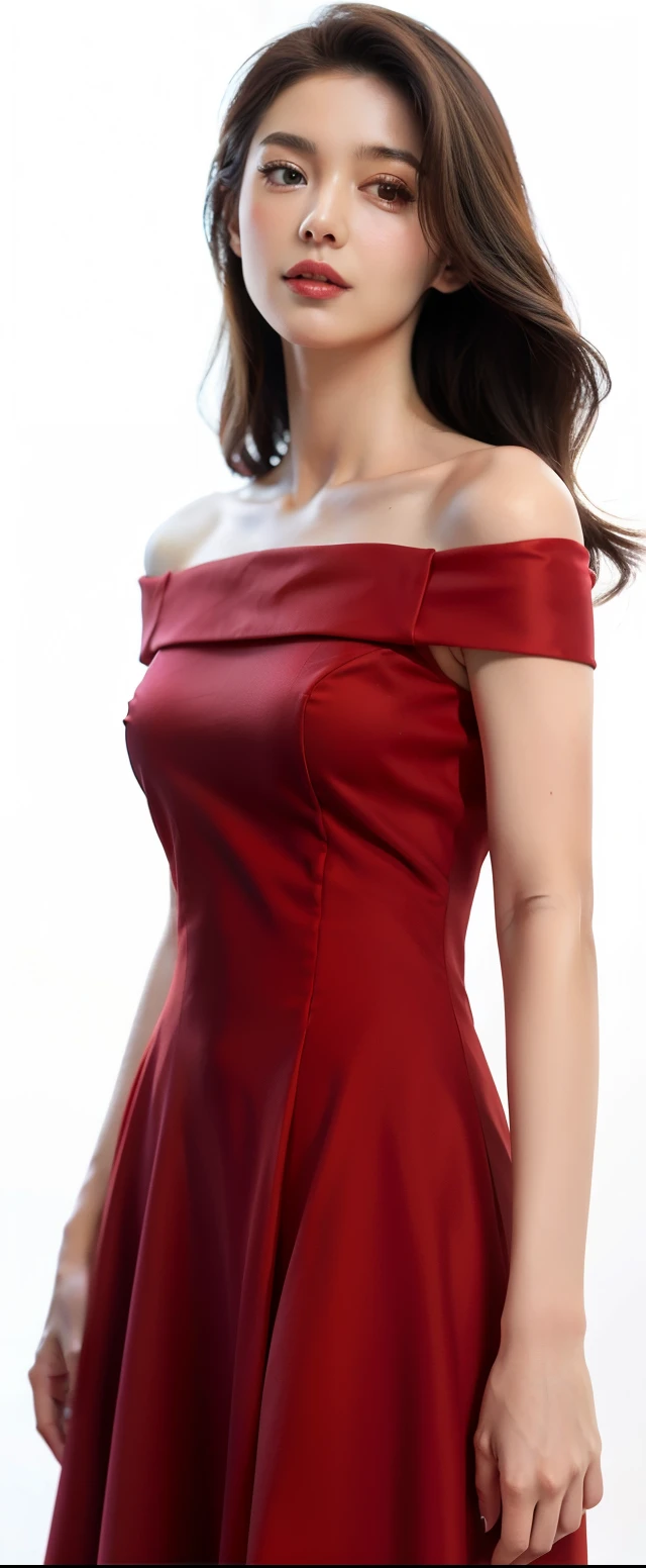 a woman in a Red dress posing for a picture, low chest, elegant Red dress, detailed. Red, wearing Red formal attire, Close details, upperbody closeup, Red dress, Smooth tiny details, Medium shot from the waist up, very elegant features, Exquisite and smooth details, upperbody closeup, closeup view, closeup view